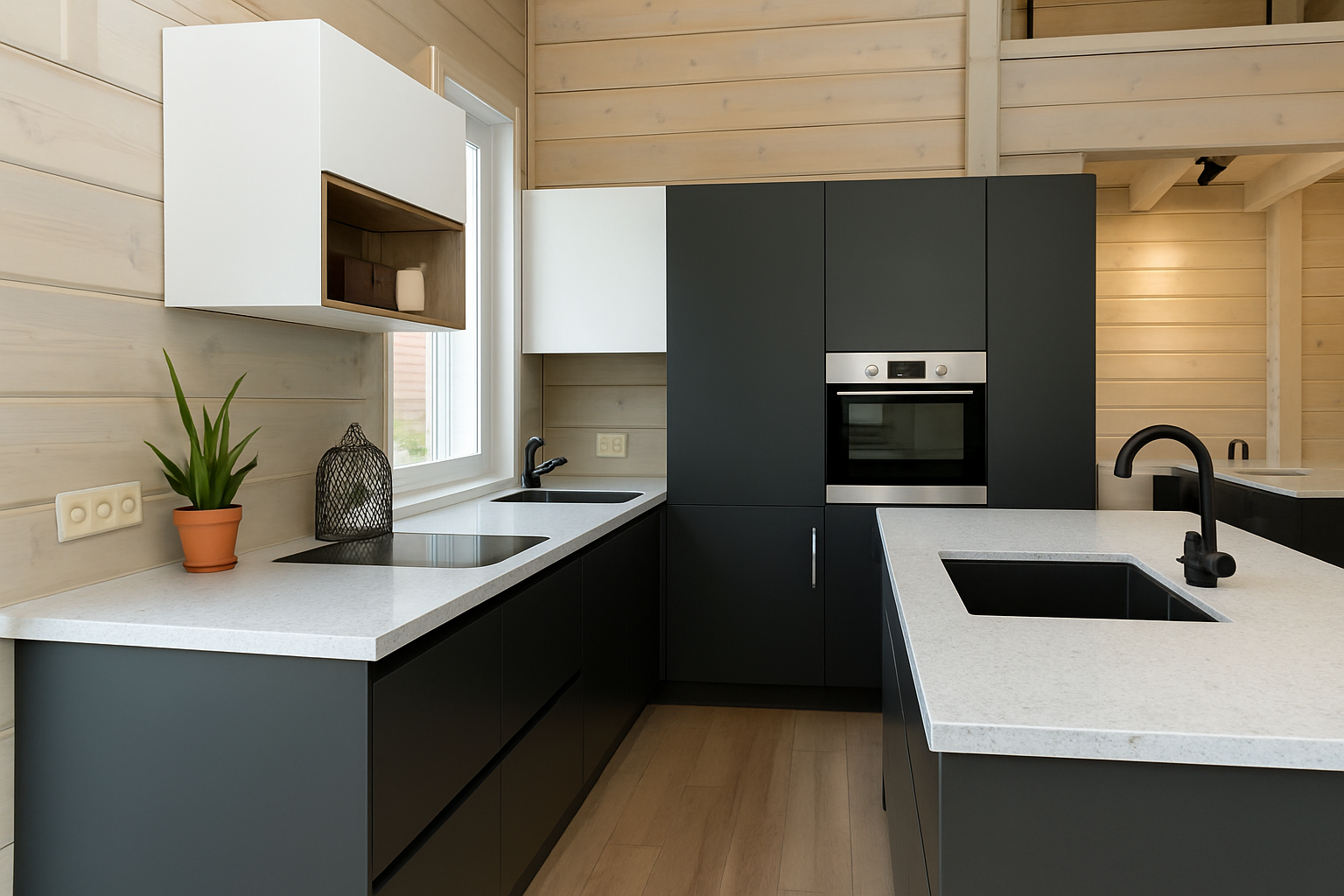 Contemporary kitchen interior with engineered stone benchtops.