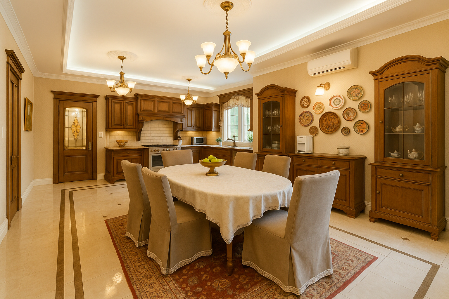 Warm traditional American dining room with rich wood furniture, chandelier, and patterned curtains.