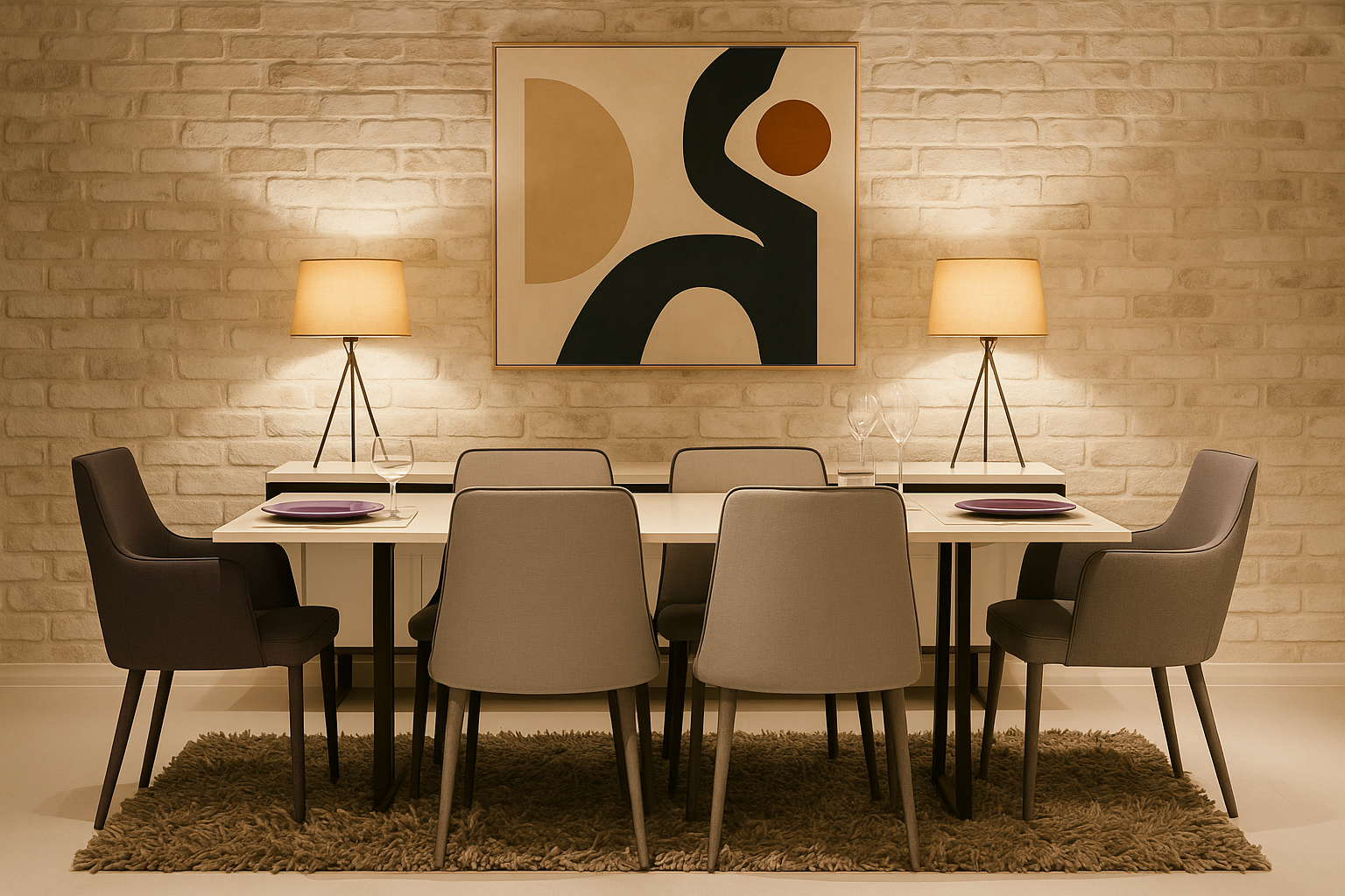 Modern dining room with white brick wall, abstract art piece, soft gray chairs, and warm lighting.