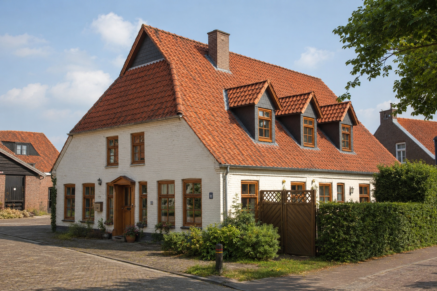 Dutch-style house with a steep clay tile gable roof, three front dormers, white masonry walls, and a village street setting.