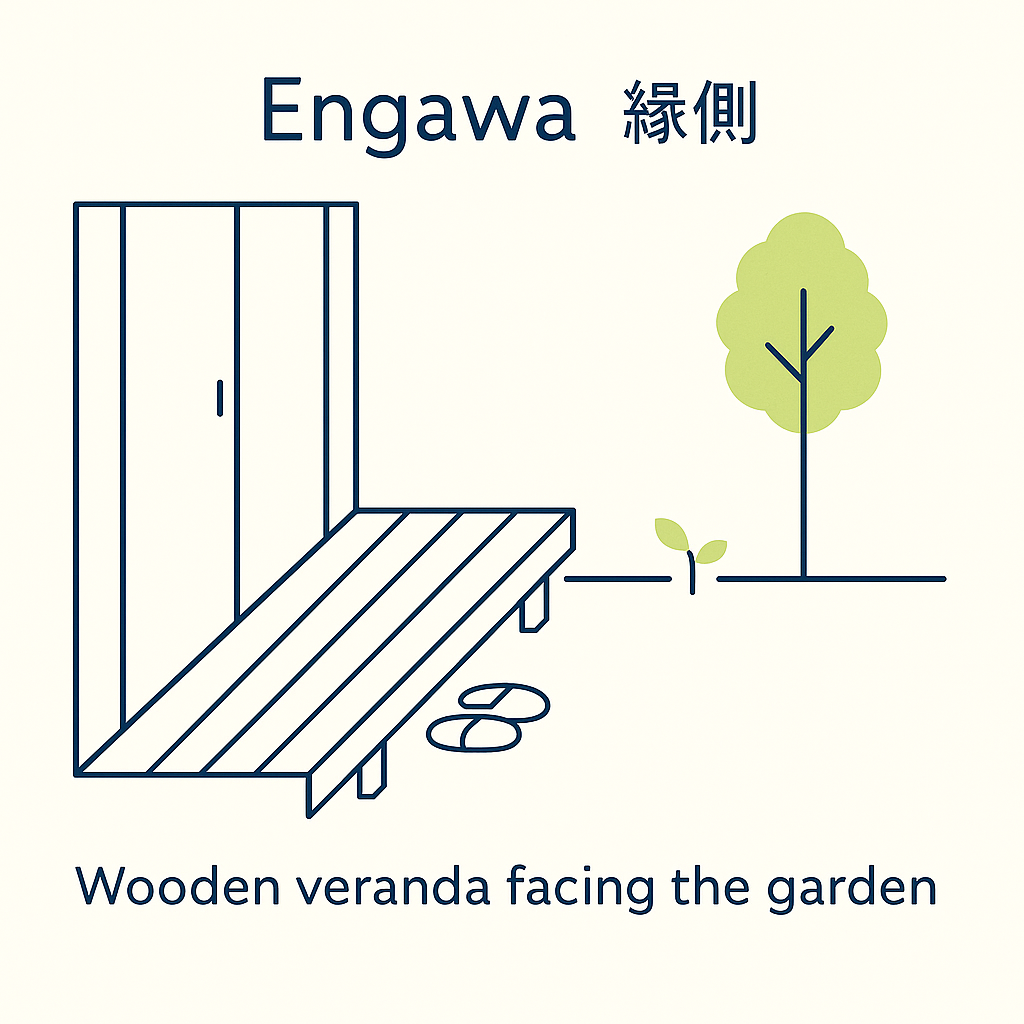 Illustration of Engawa showing wooden veranda facing the garden with sliding doors and simple greenery.