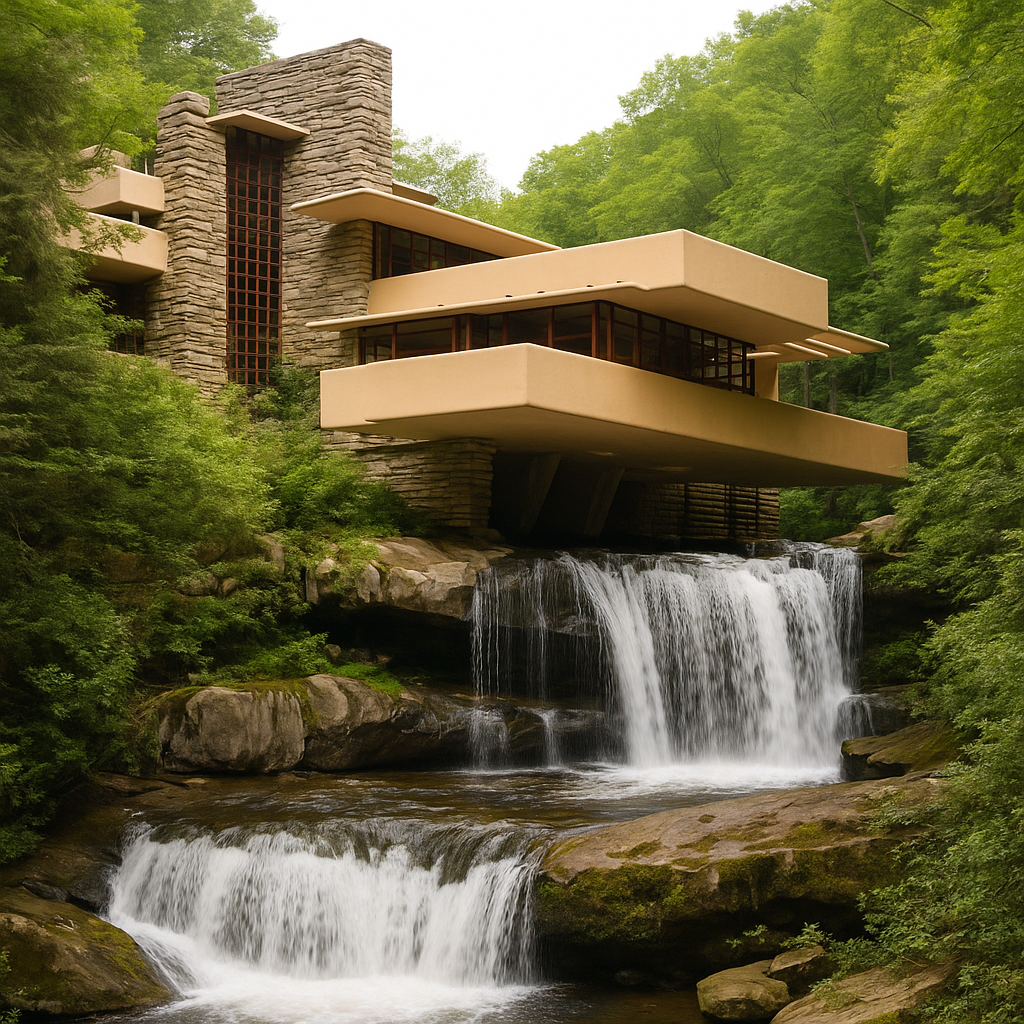 Close-up photograph of Frank Lloyd Wright’s Fallingwater showing cantilevered terraces above the waterfall.