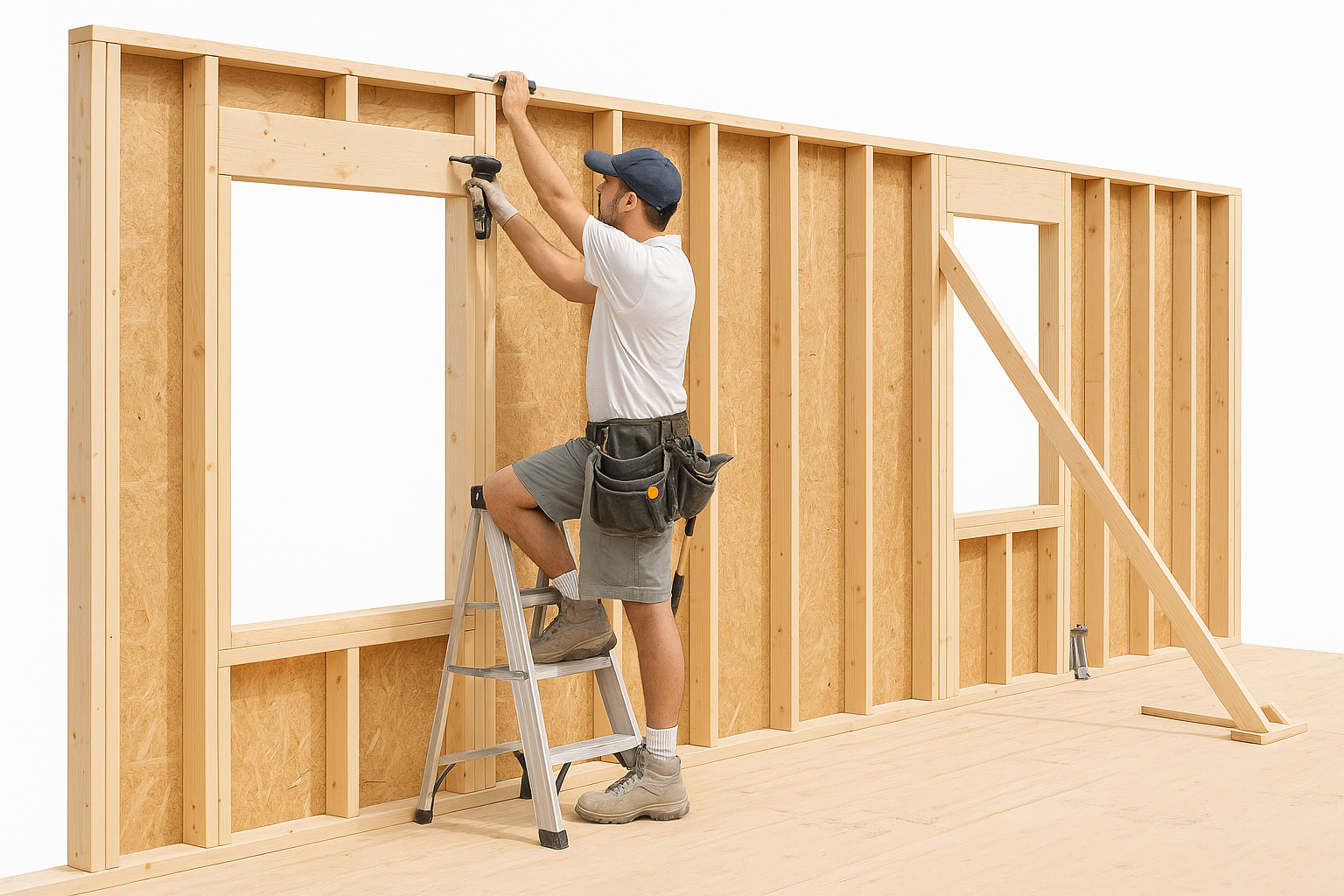 Step-by-step framing sequence for cutting and installing a new window in an existing wall.