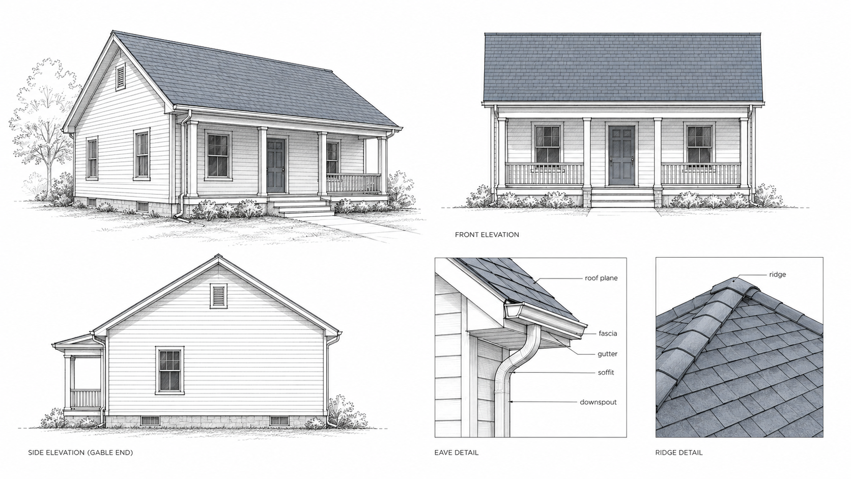 Architectural sketch sheet of a gable house showing the full exterior, front elevation, gable-end side elevation, eave detail, gutter, fascia, soffit, downspout, roof plane, and ridge detail.
