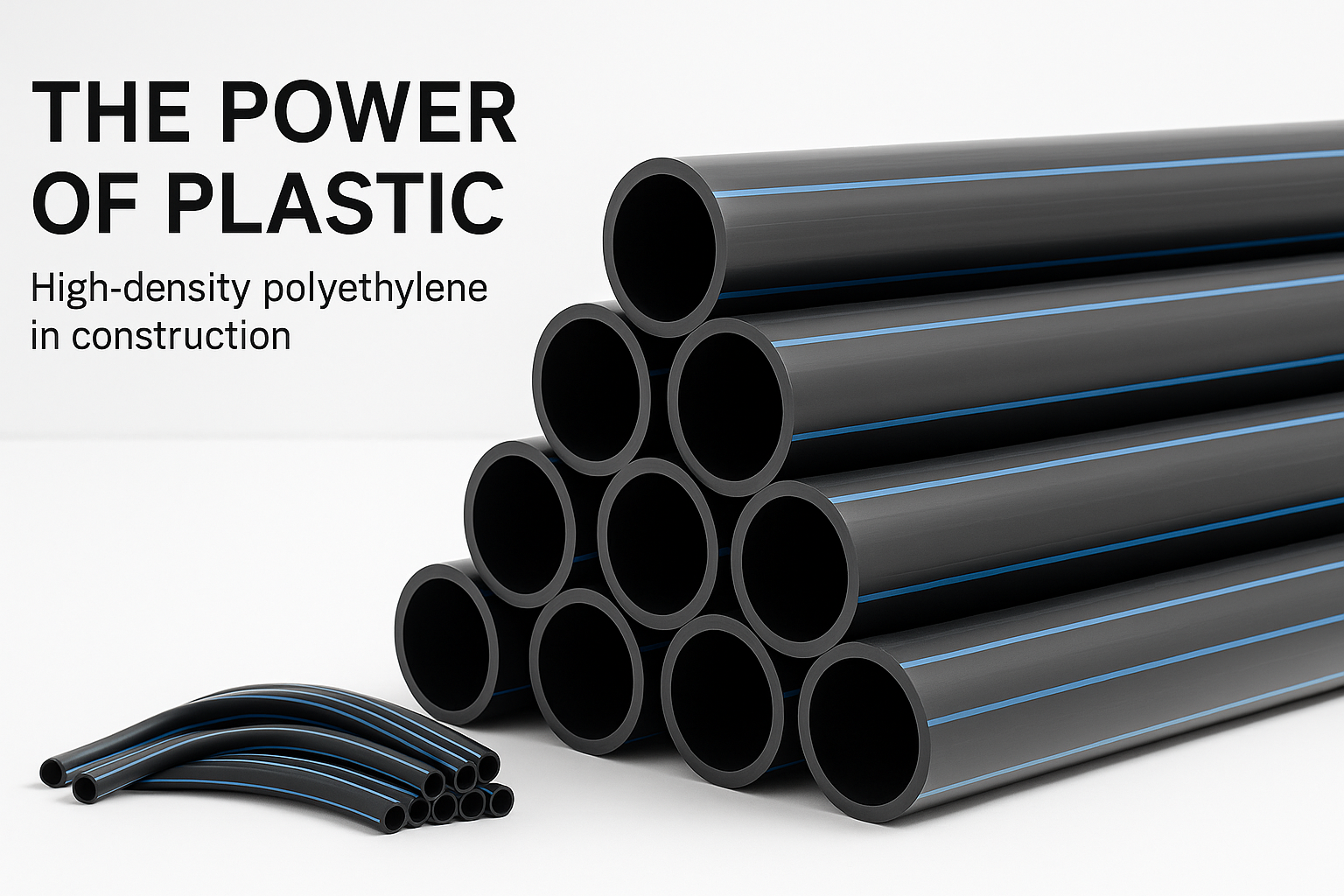 Stacked HDPE pipes with blue stripes, showing durable plastic piping used in water supply and drainage systems.