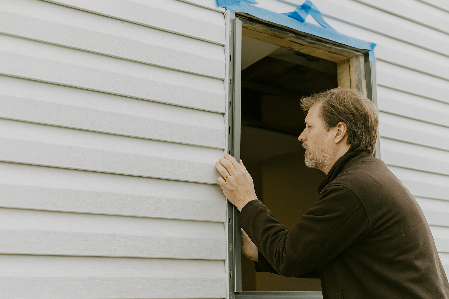 Homeowner aligning and installing a vinyl window frame edge into a prepared opening with white vinyl siding before fastening and sealing the window unit.