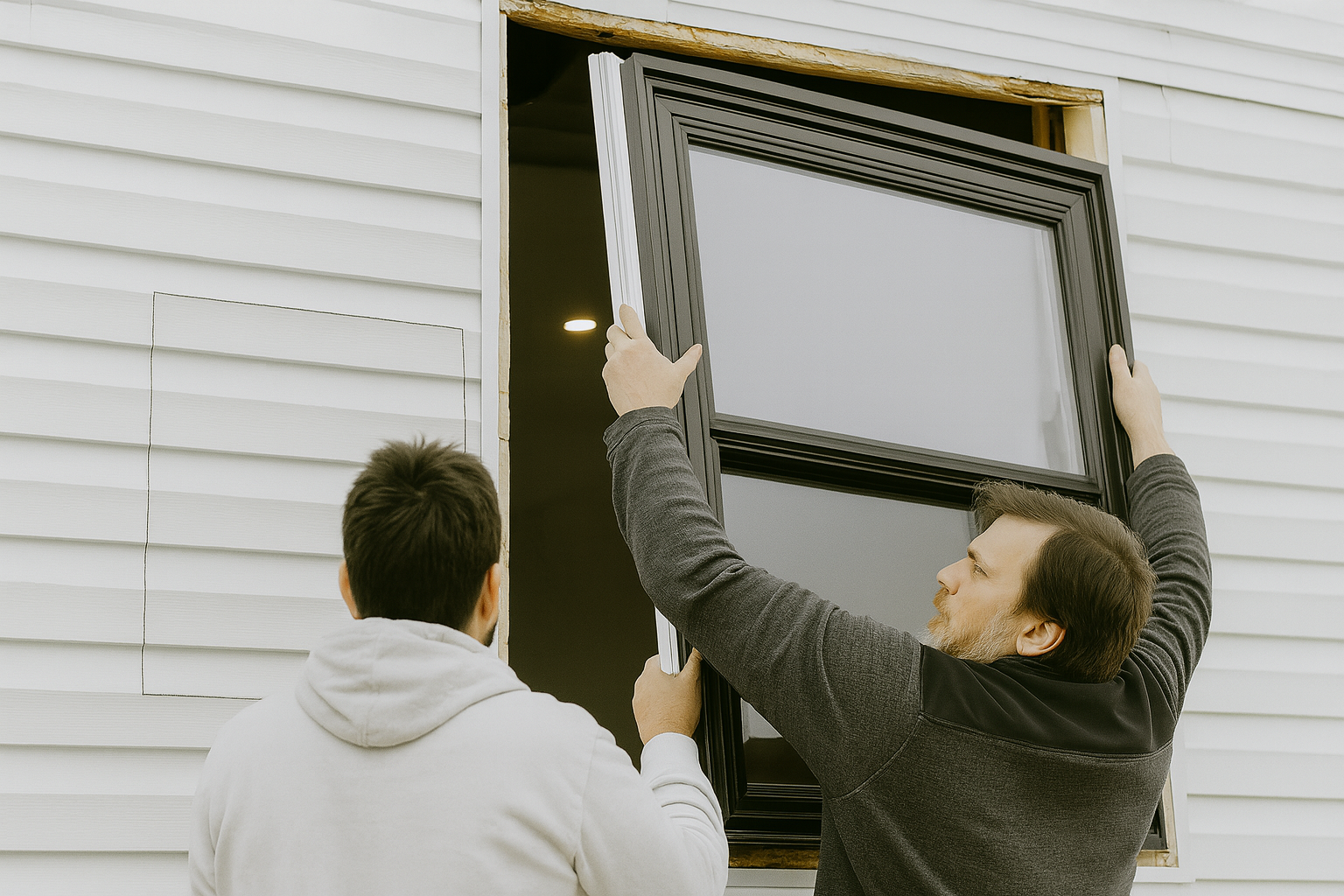 Homeowners dry fitting a window to check level and fit before sealing.