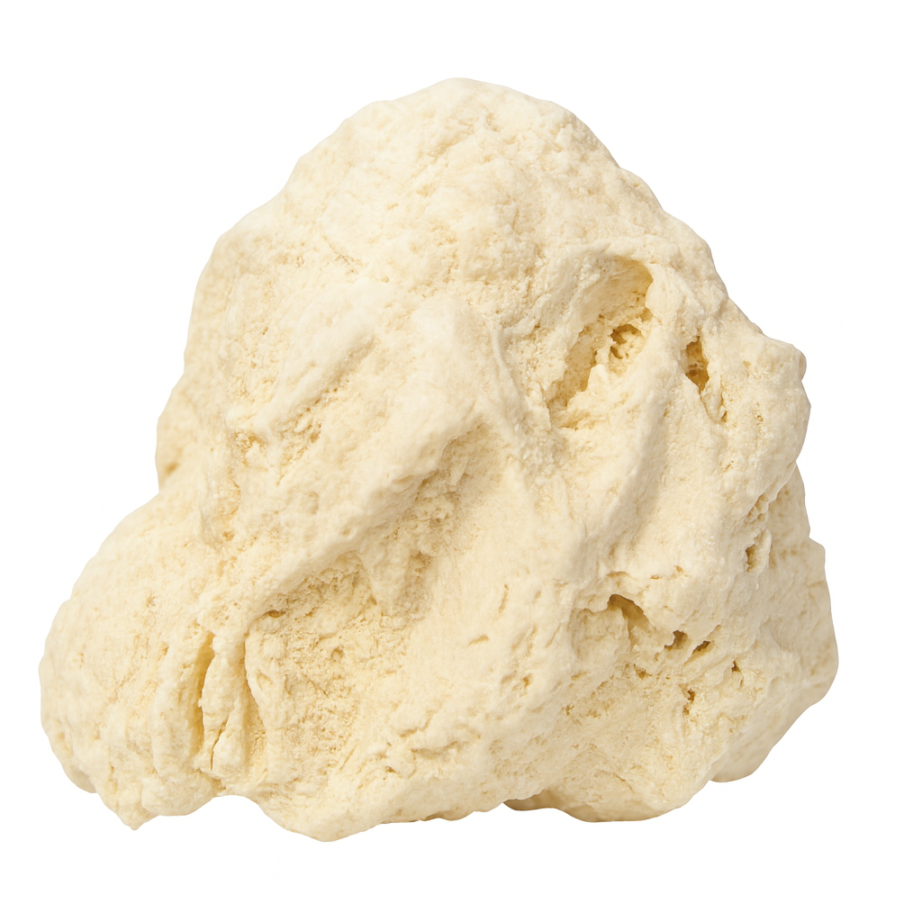 Detailed limestone rock on white background showing natural texture, porous surface, and warm beige tone for material studies.