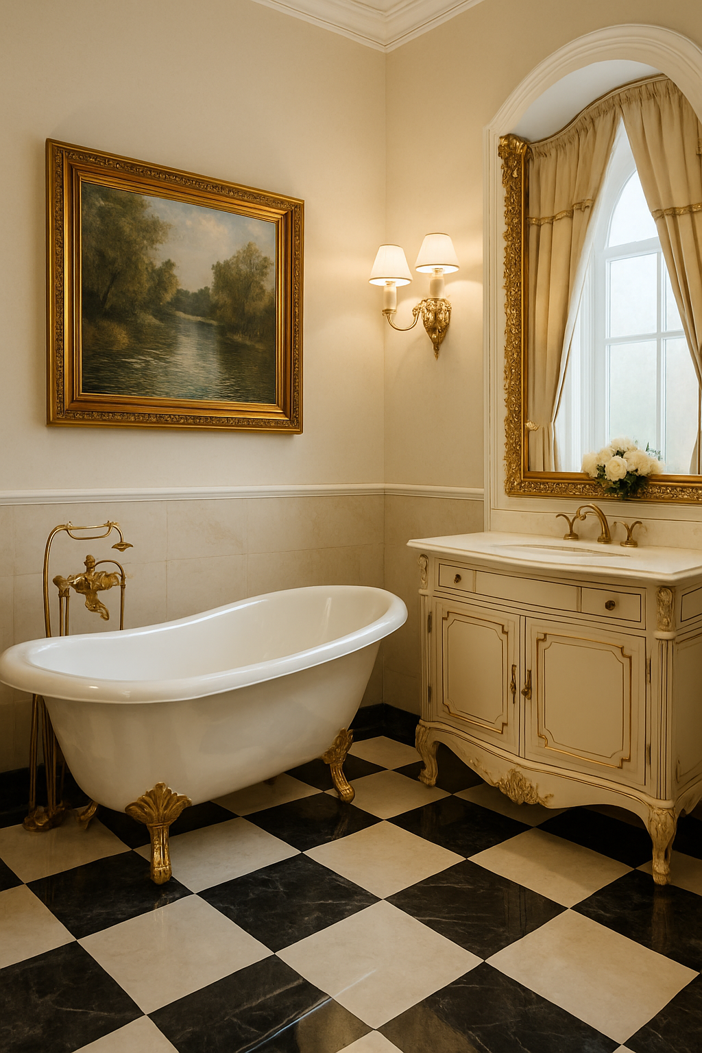 Elegant classical bathroom with freestanding bathtub, gold fixtures, and marble vanity in soft daylight.