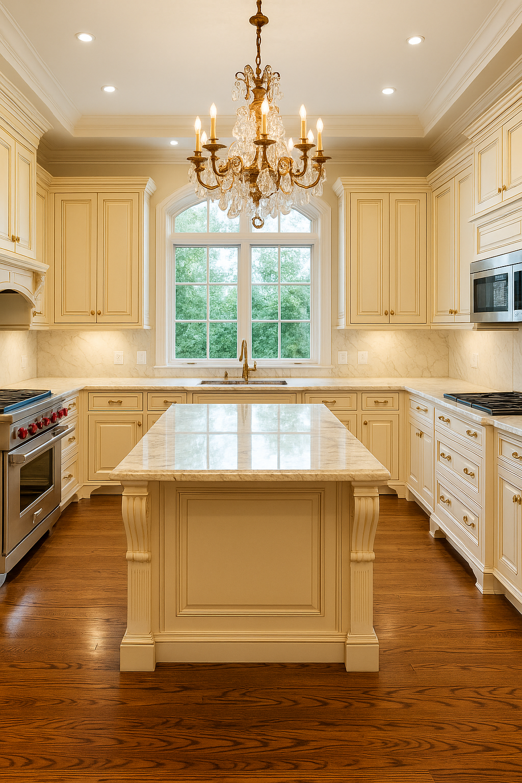 Elegant classical kitchen with cream cabinets, marble island, and crystal chandelier under warm daylight.