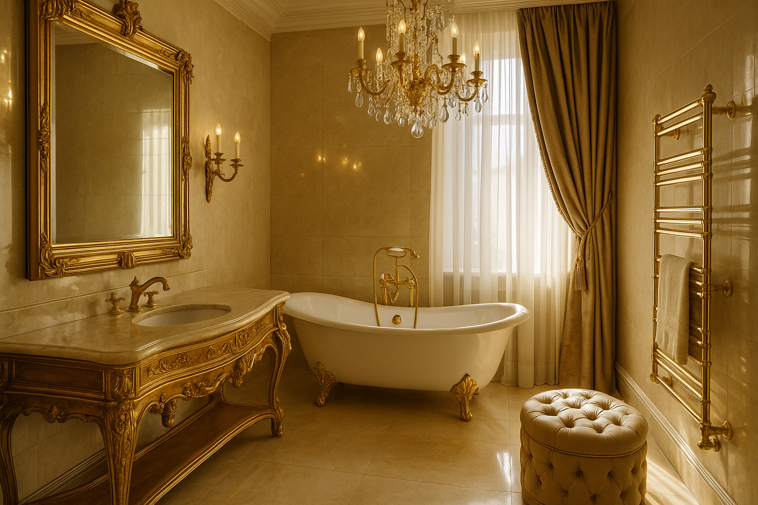 A hyper-realistic luxury bathroom with marble finishes, crystal chandelier, clawfoot tub, and gold-accented.