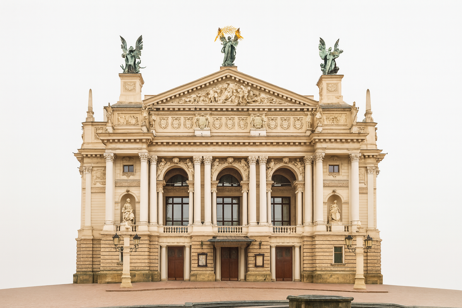 viv Opera House in Ukraine featuring its ornate neoclassical facade and sculptures captured from a frontal perspective.