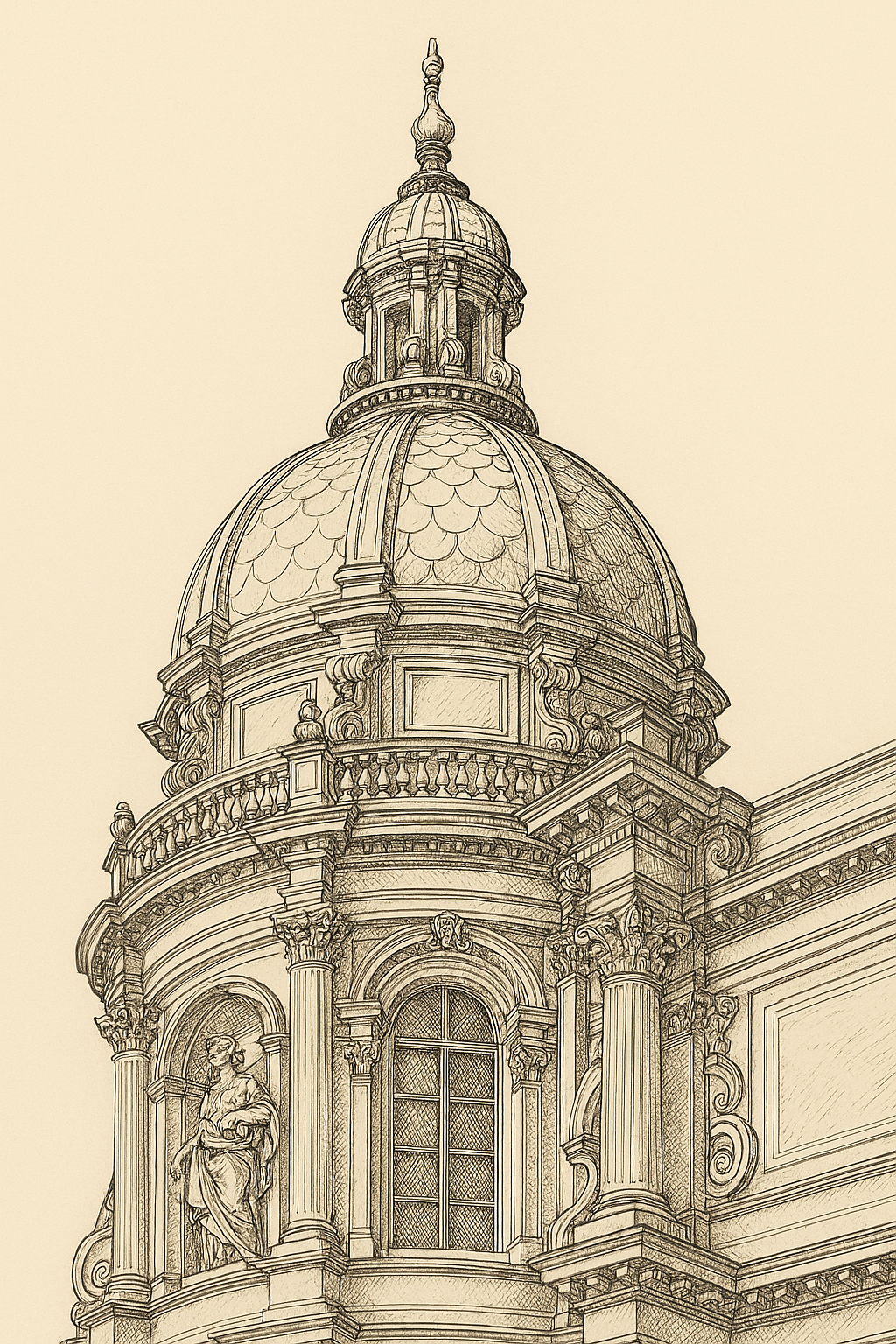 Architectural sketch showing Baroque materials and textures such as marble, stucco, and stone carvings.