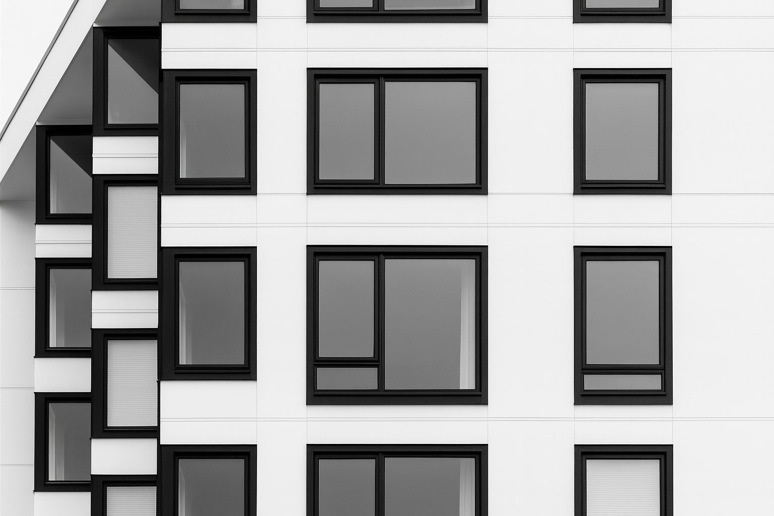 Modern minimalist building facade with staggered black-framed windows.