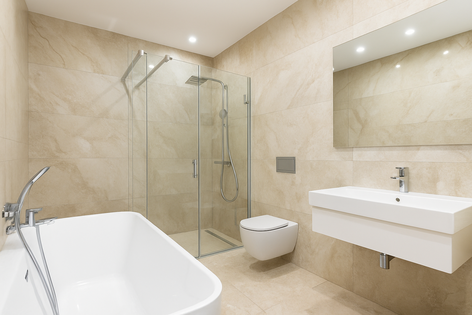 A modern bathroom finished with natural stone, used both for its elegant appearance and durable, water-resistant qualities.