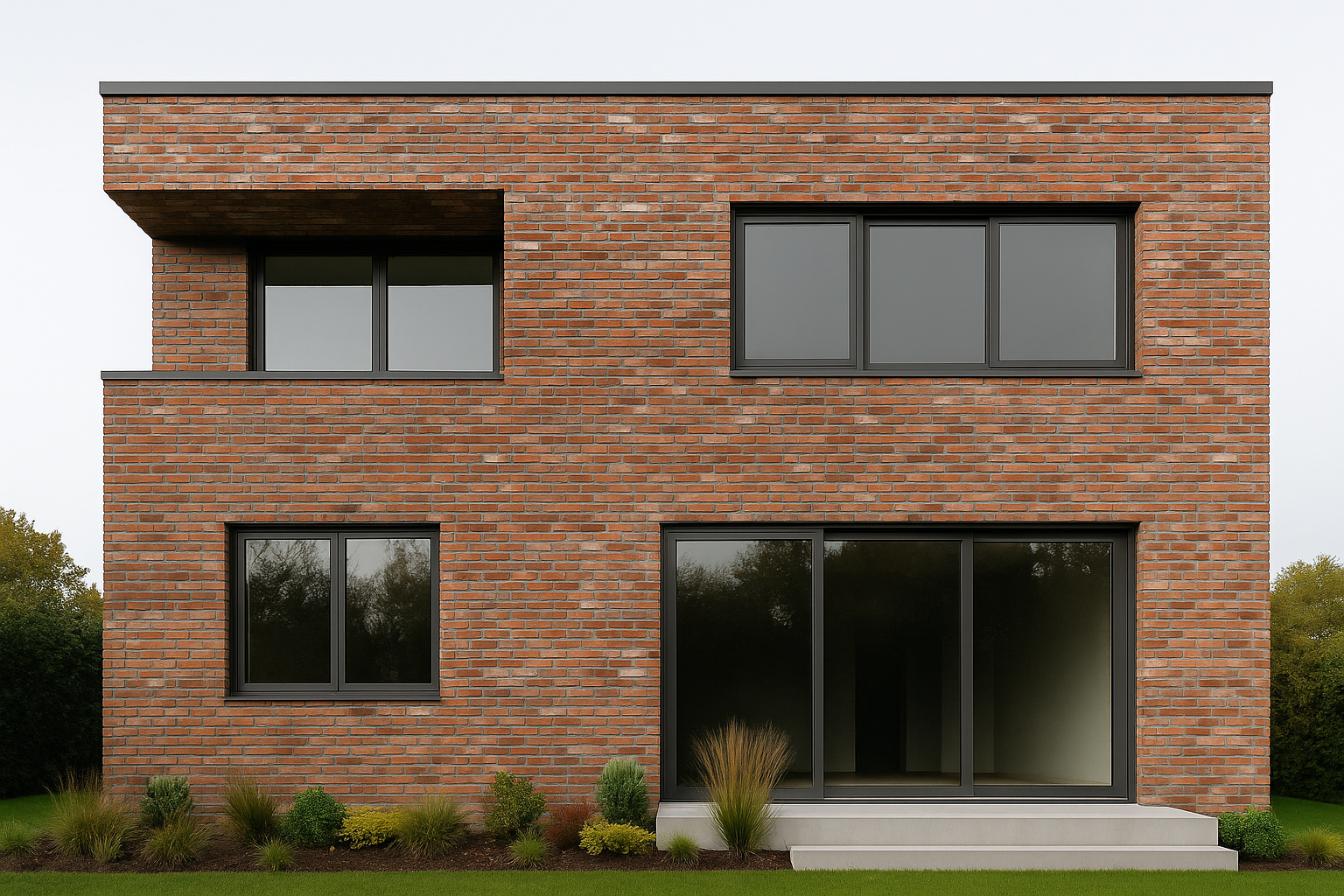 Contemporary house facade with reclaimed red bricks used in modern design.