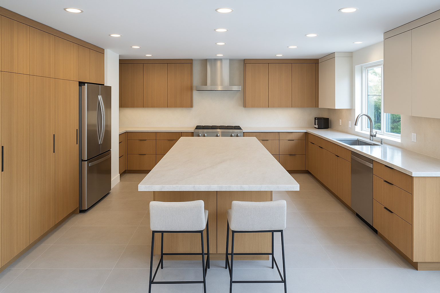 Modern kitchen interior featuring a large natural stone island, wood cabinetry, and clean minimalist design.