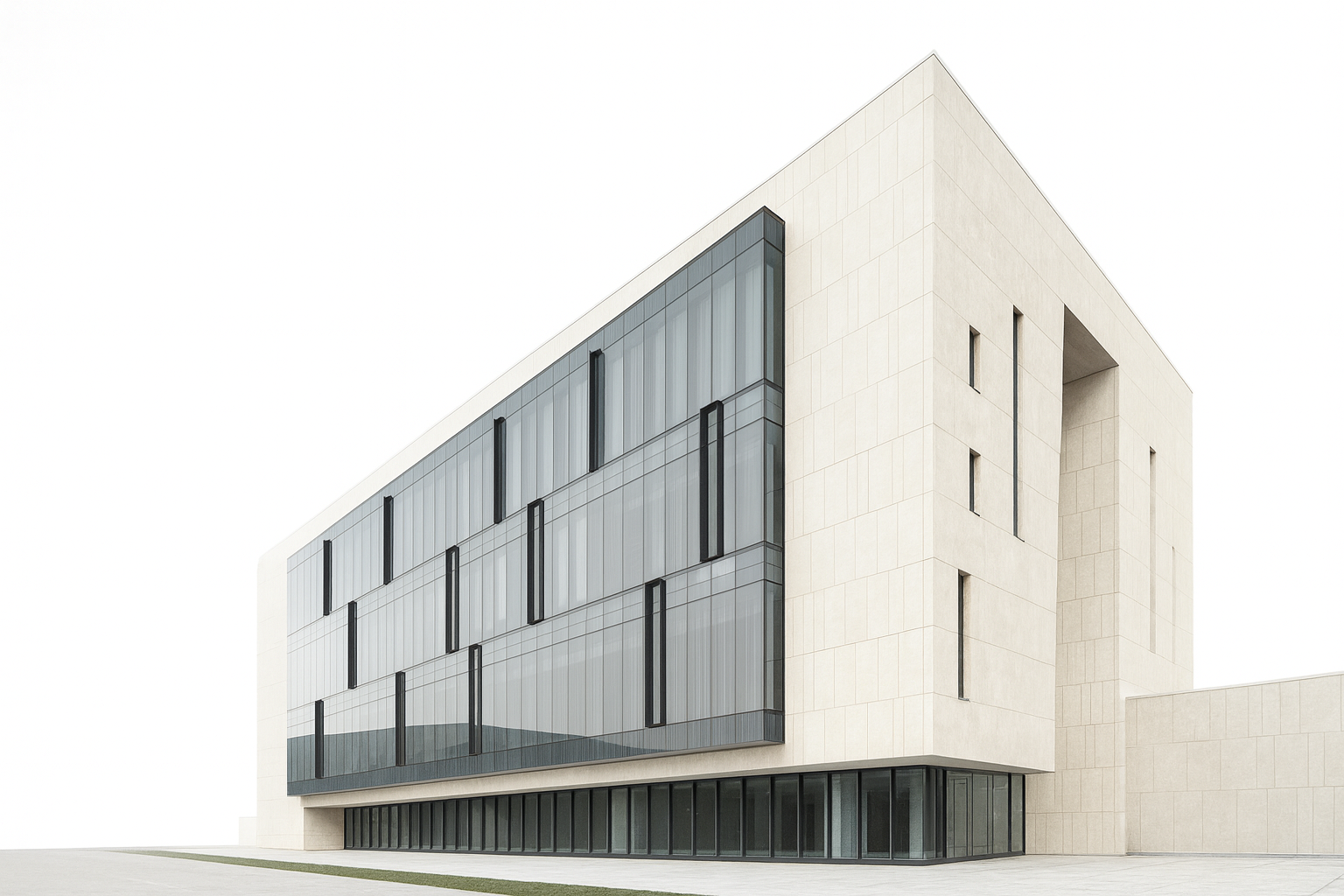 Modern office building with beige stone façade and glass curtain wall demonstrating asymmetrical architectural balance.