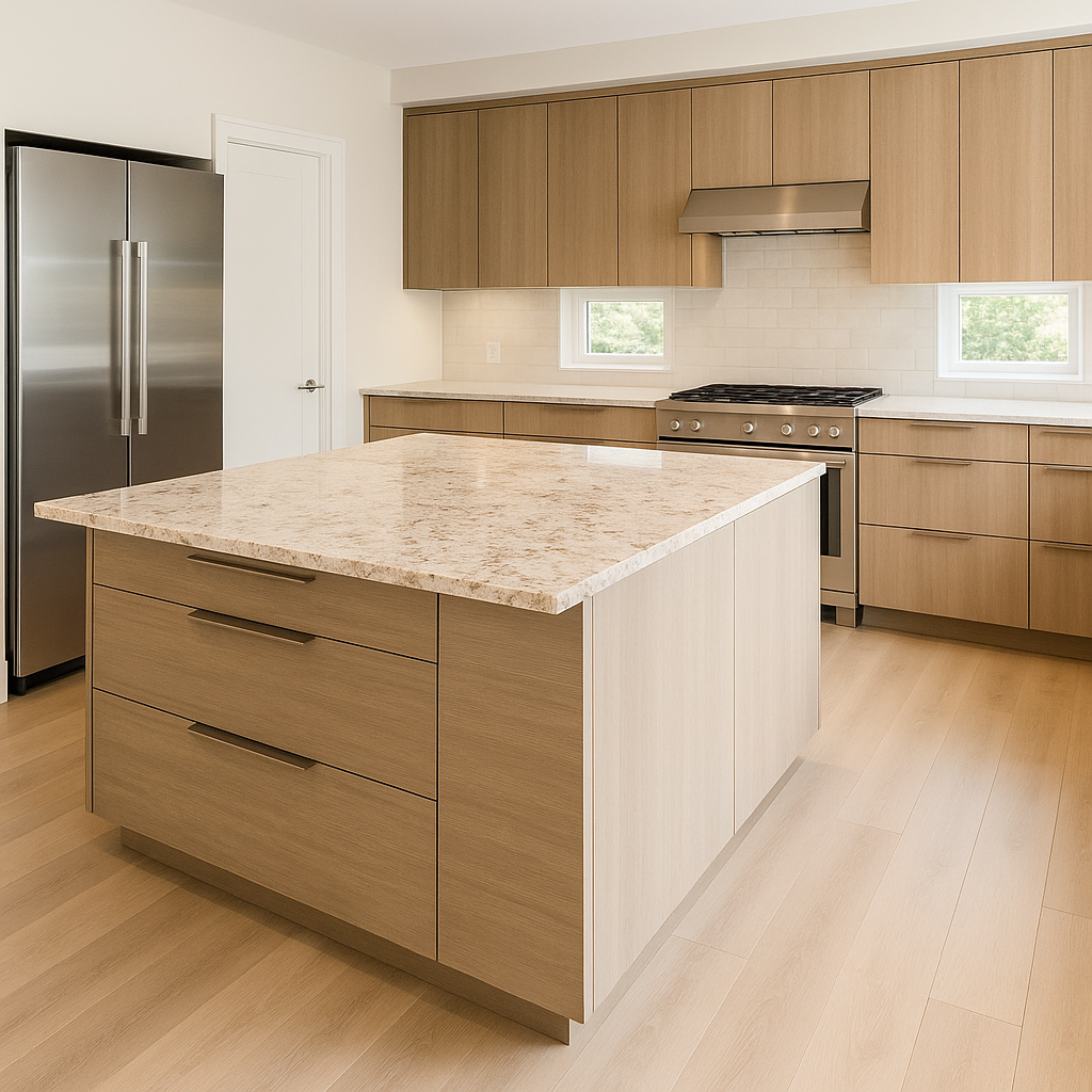 Modern kitchen with natural stone benchtop and clean cabinetry design.