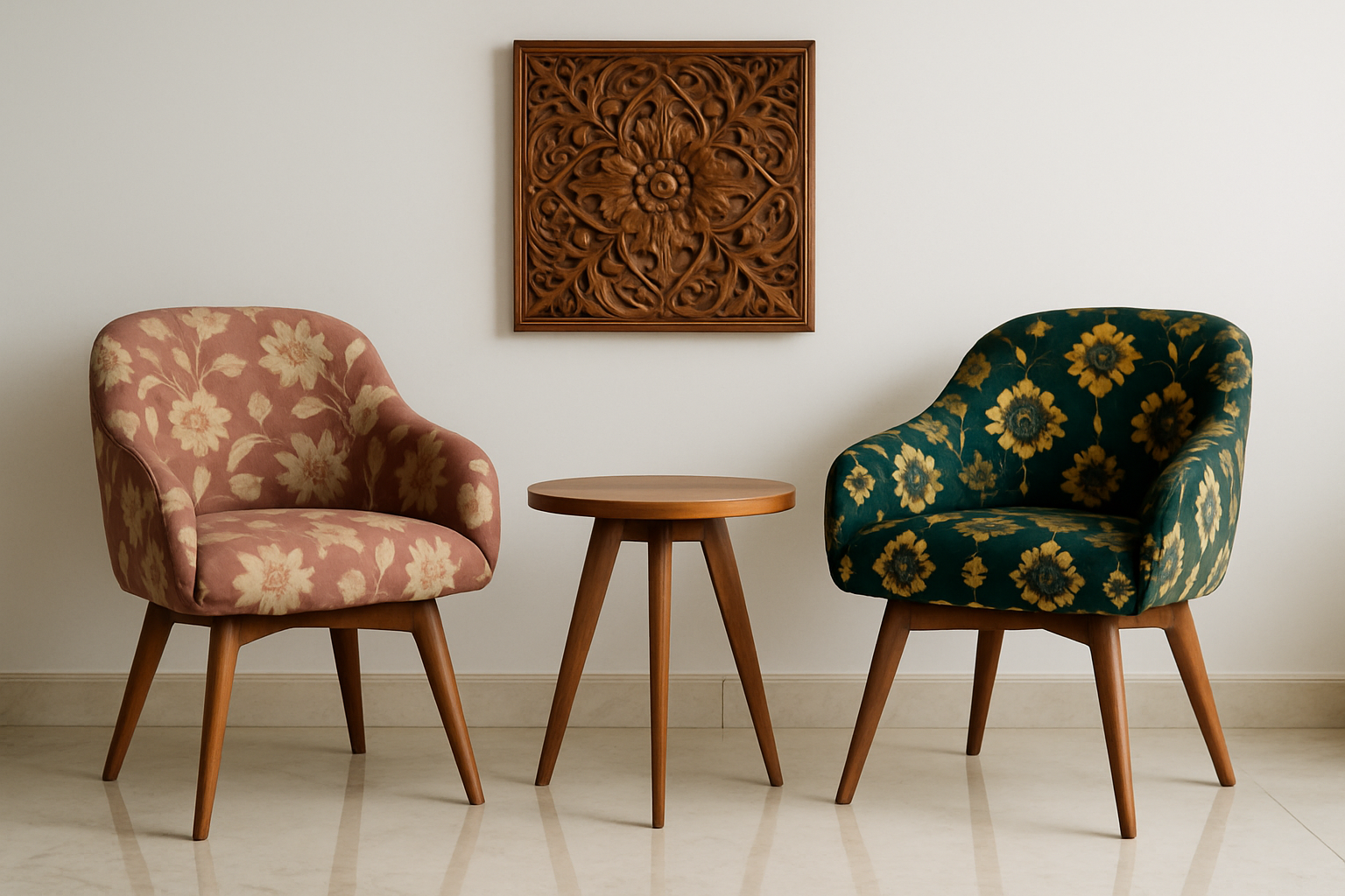 Two colorful patterned chairs with a round wooden table and wall art in a minimalist interior.