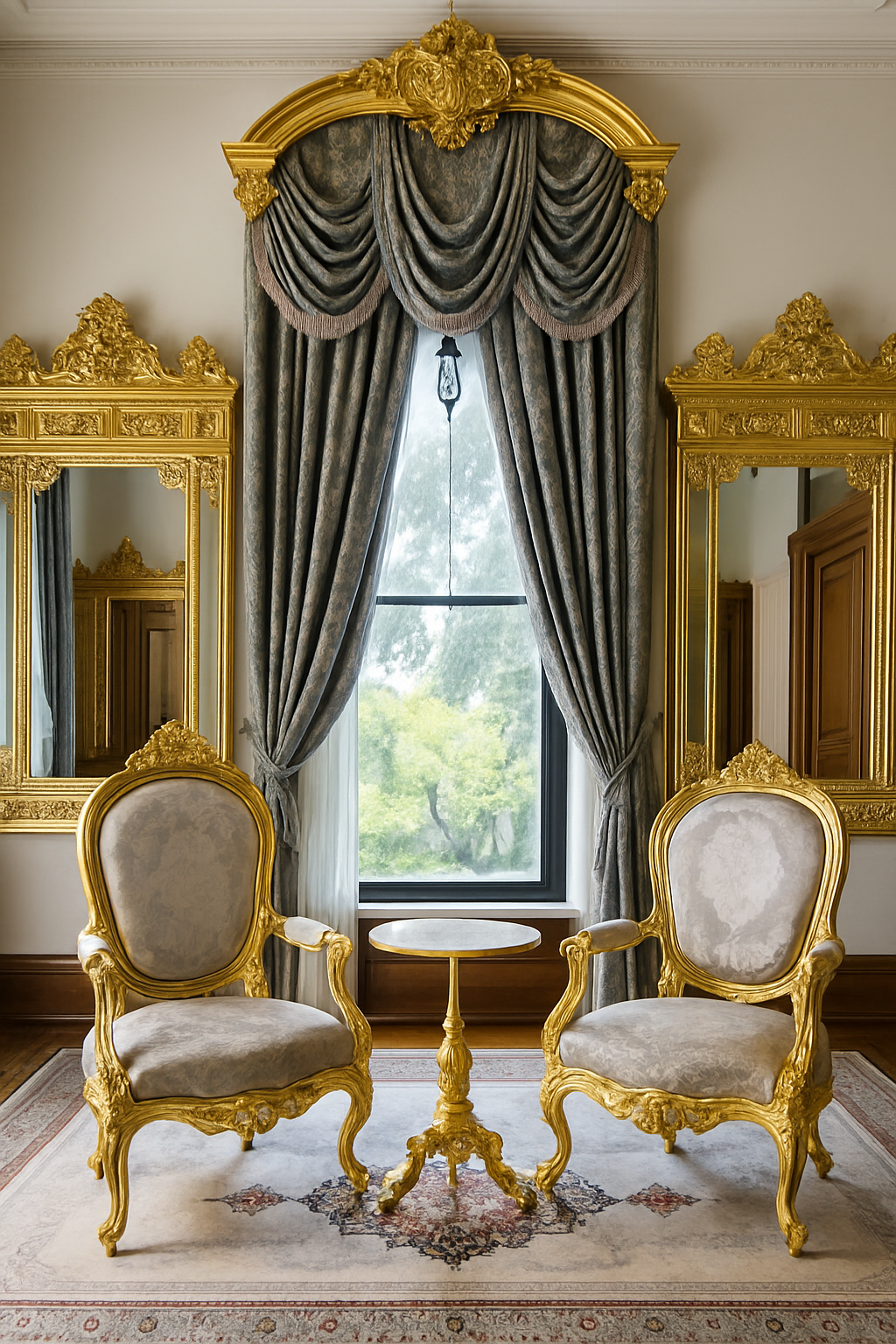 A sophisticated blend of modern and traditional interior design featuring gold armchairs, light neutral walls, soft daylight, and elegant fabric textures.