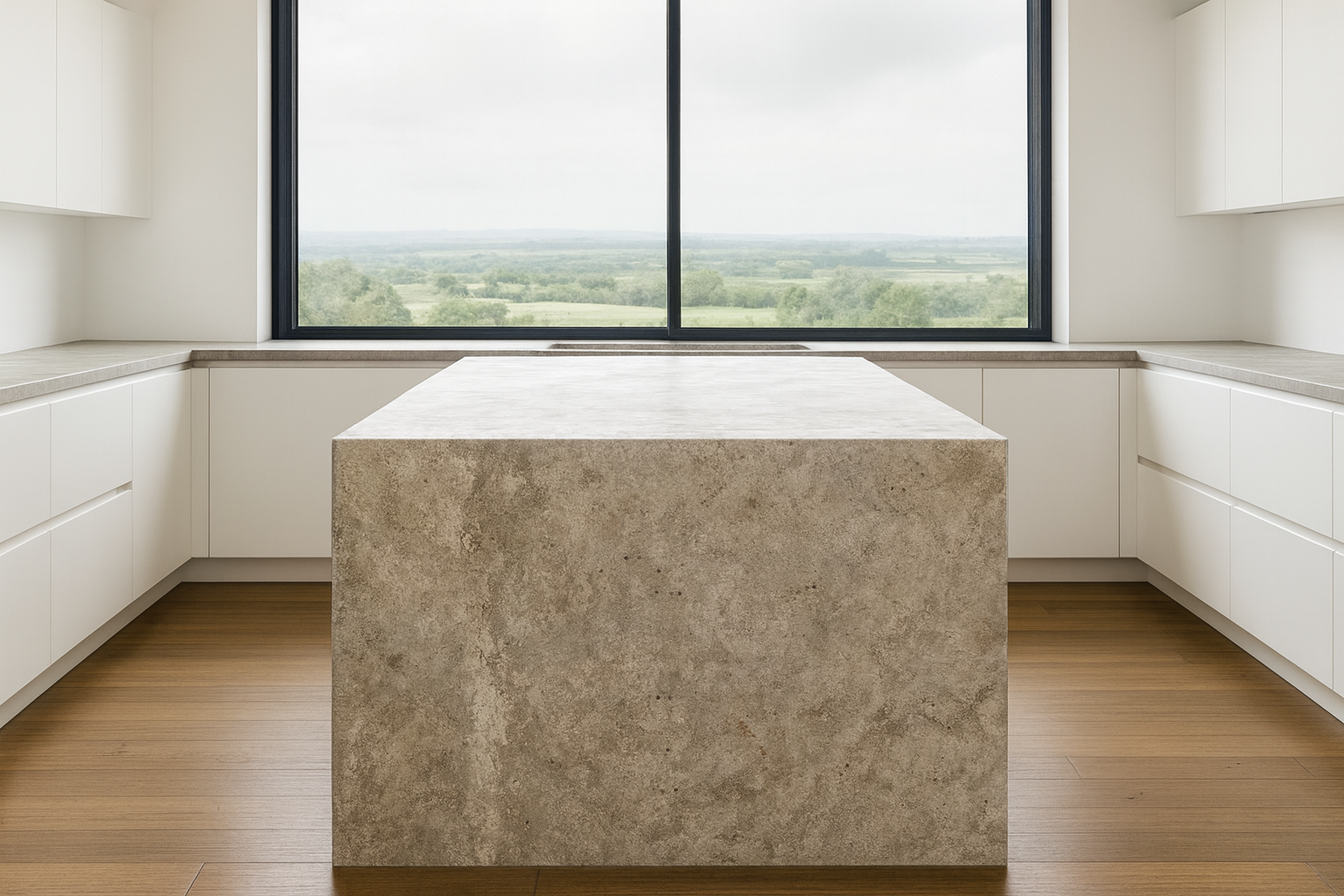 Modern kitchen with large natural stone island and minimalist white cabinets.
