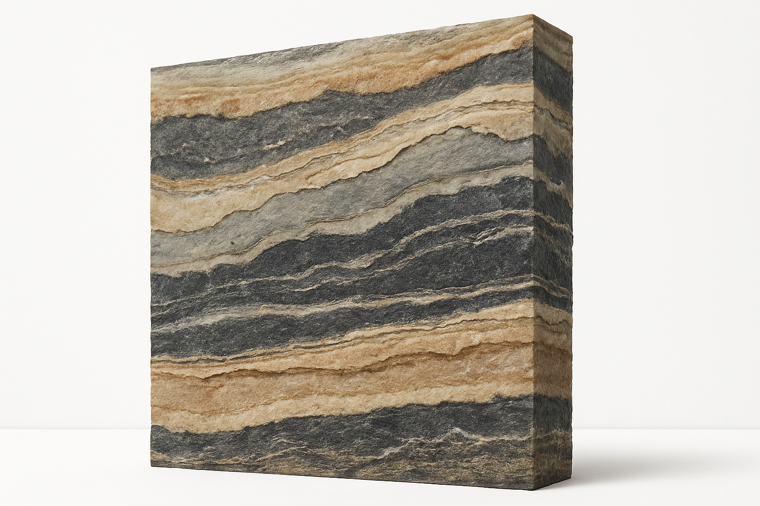 Natural stone slab with beige and gray layered texture.