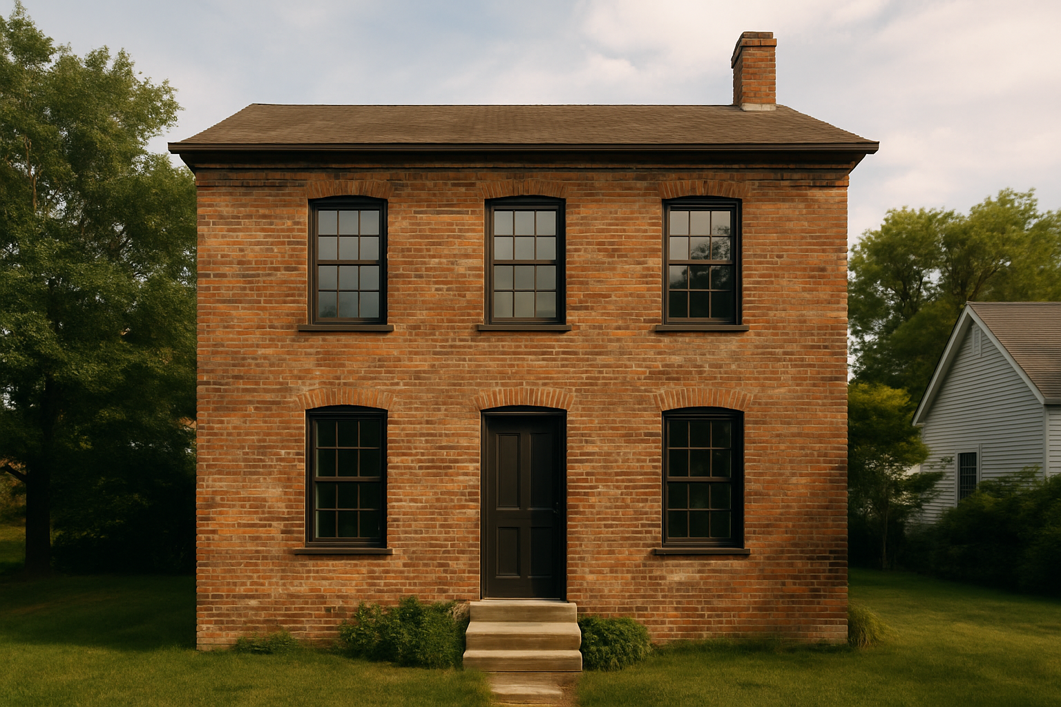 Two-story old brick house with brownish weathered bricks and black framed windows.