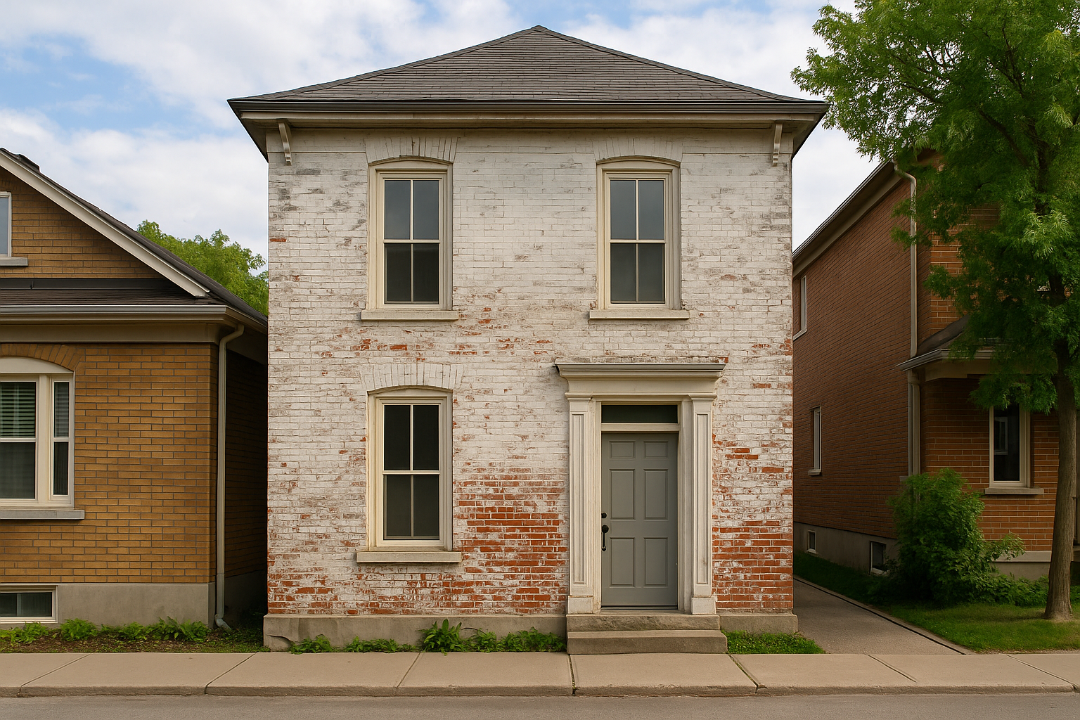 Old brick house with peeling white paint revealing red bricks underneath.