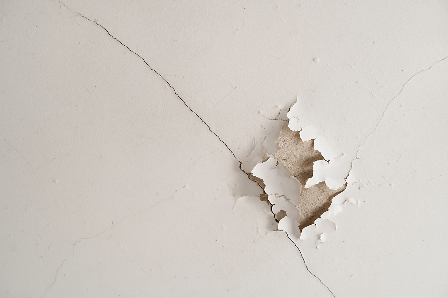 Aged plaster ceiling showing hairline cracks, flaking paint, and light moisture damage before renovation begins.
