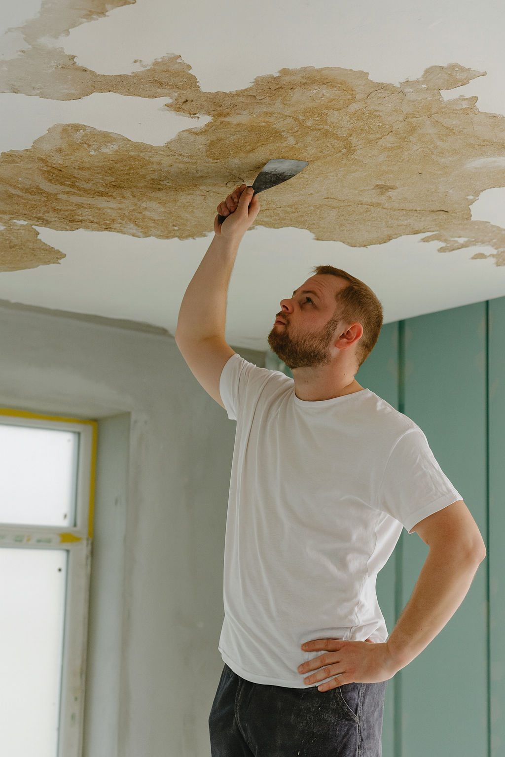 Worker scraping a water-damaged plaster ceiling with brown stains and peeling paint.