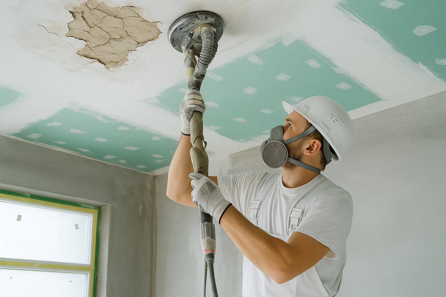 Professional repairing plaster ceiling with visible water damage and cracks using sanding tool.