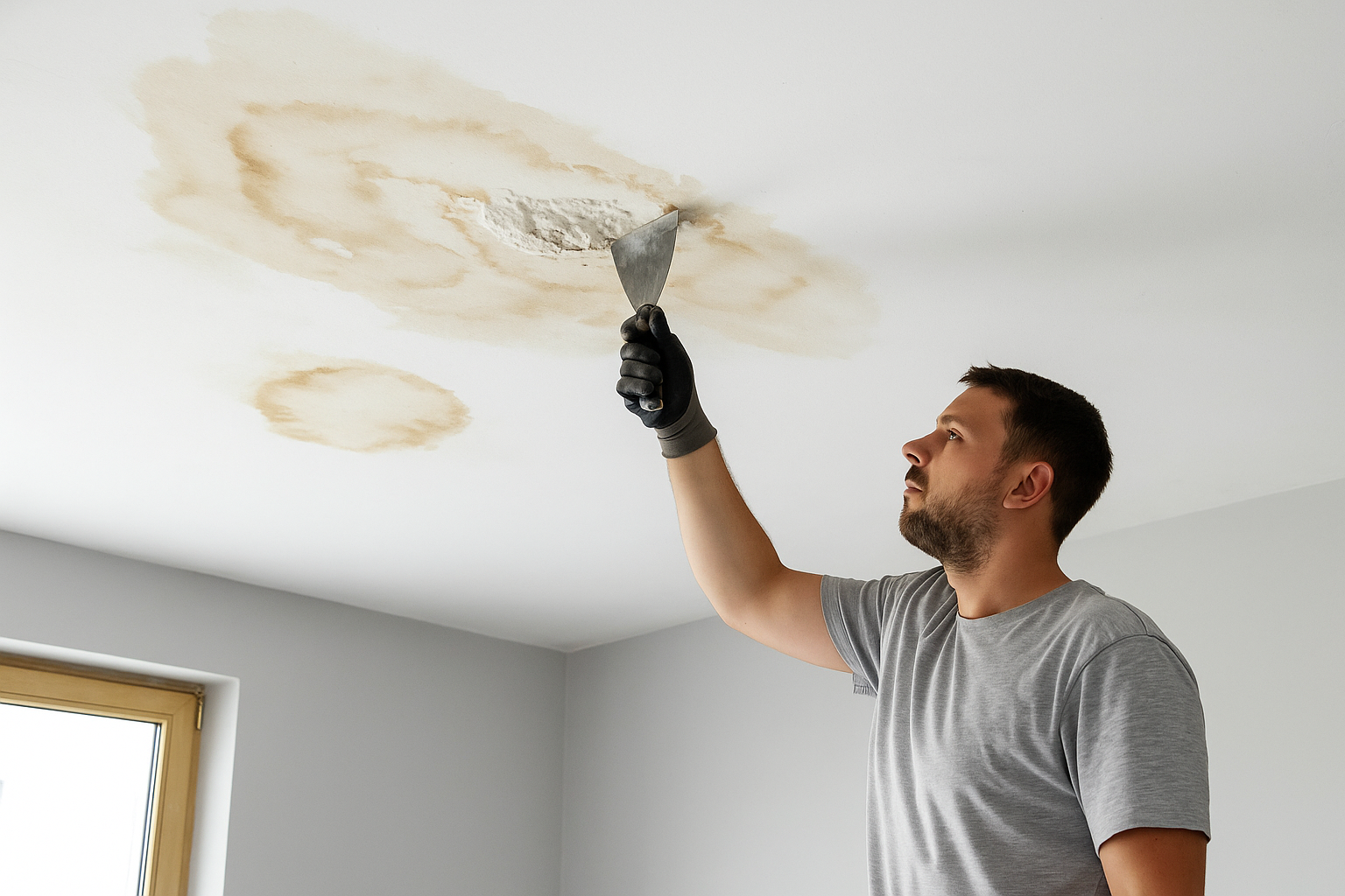 Worker scraping water-stained plaster ceiling before repair.