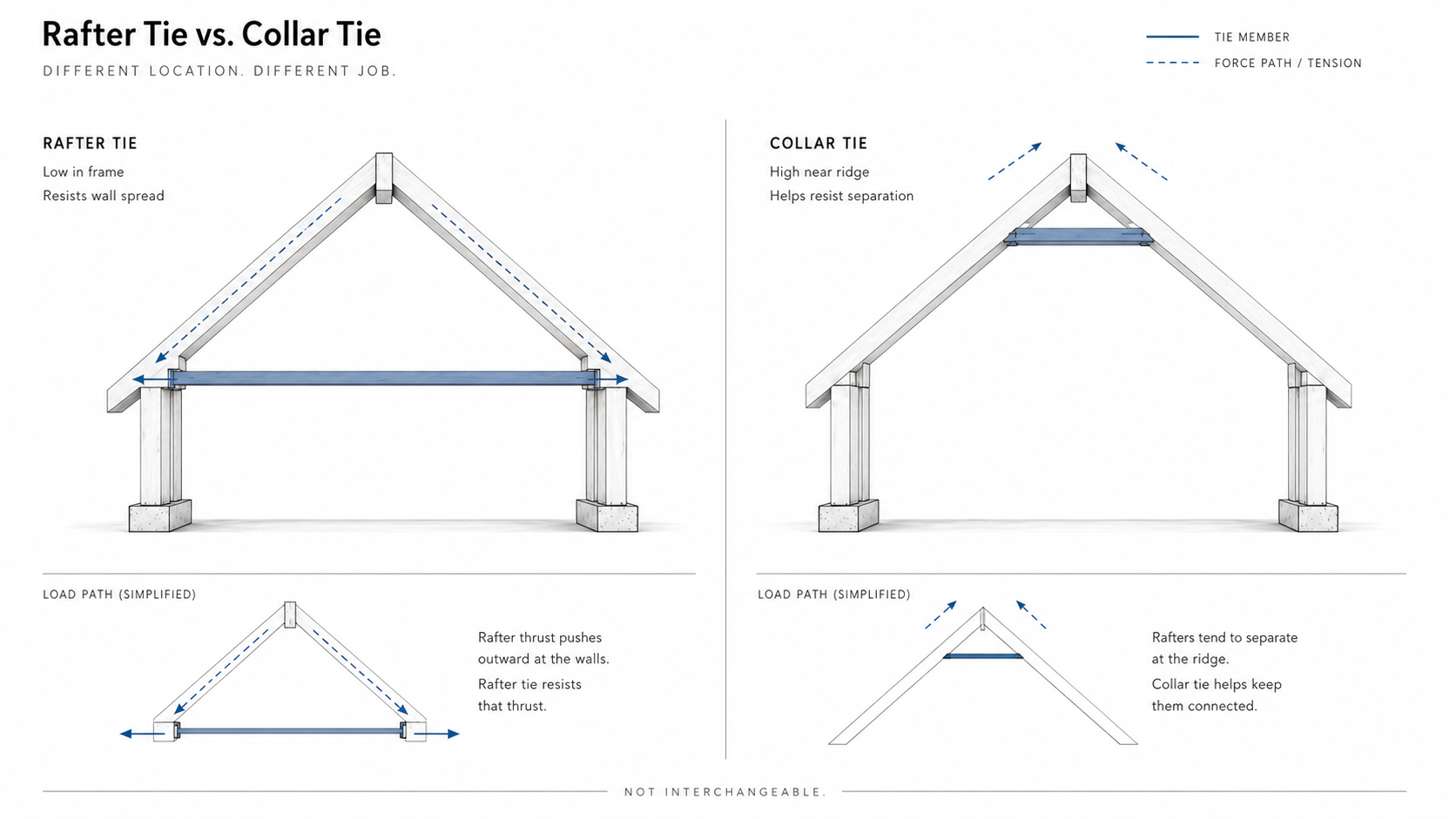 Rafter tie and collar tie comparison showing a low rafter tie resisting wall spread and a high collar tie near the ridge.