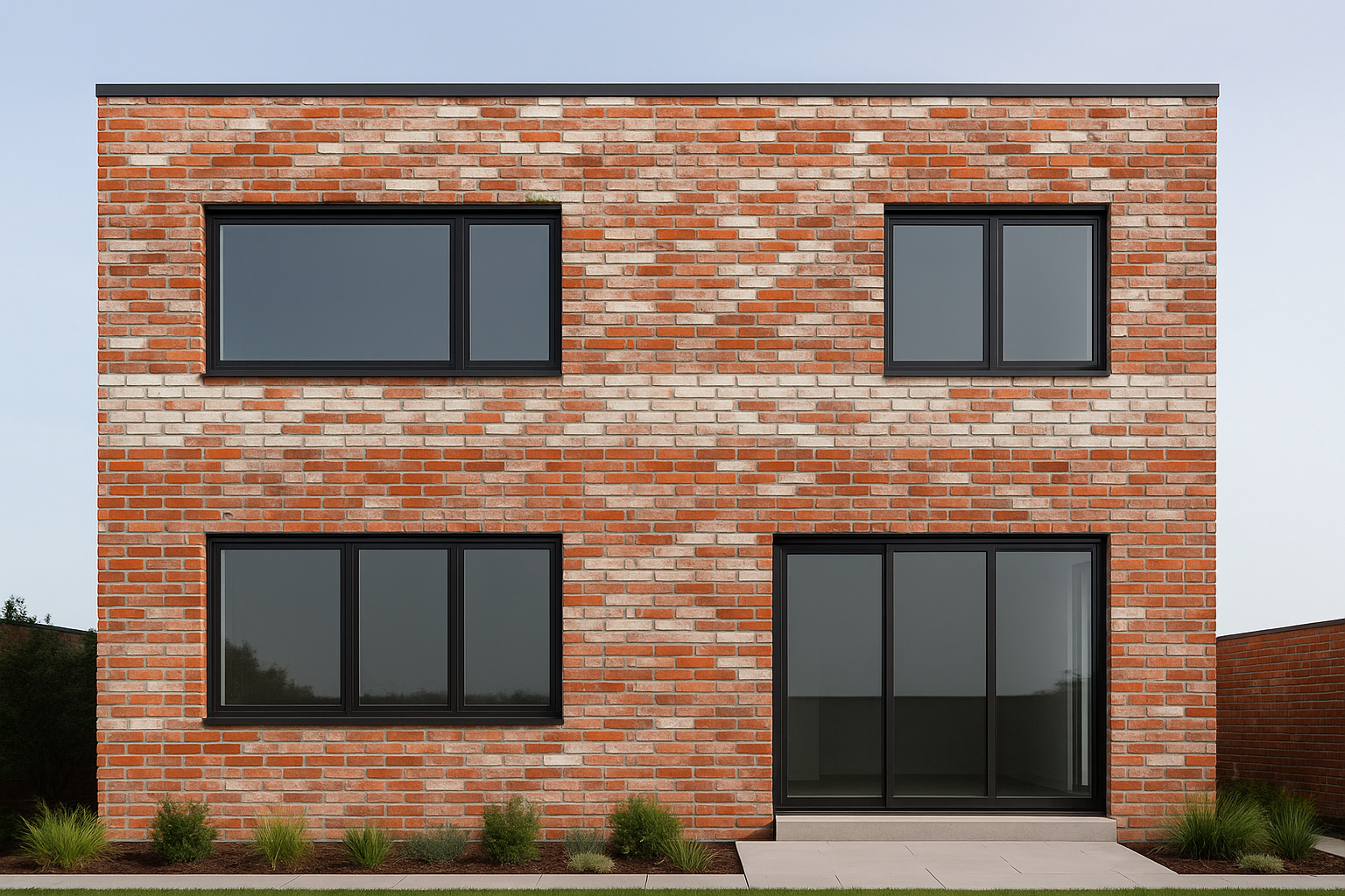 Contemporary house built with reclaimed red bricks and white brick accents, featuring flat roof and modern windows.
