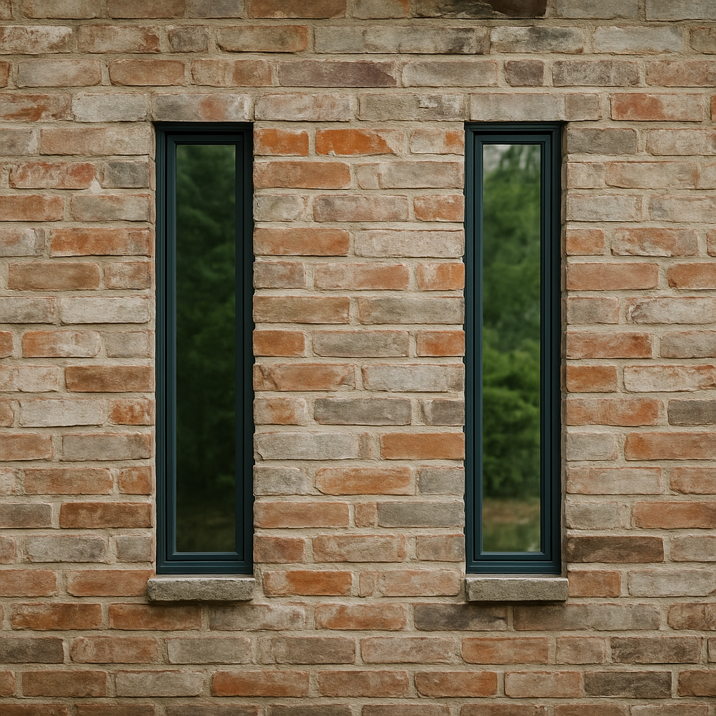 Restored aged brick wall with two narrow contemporary vertical windows.