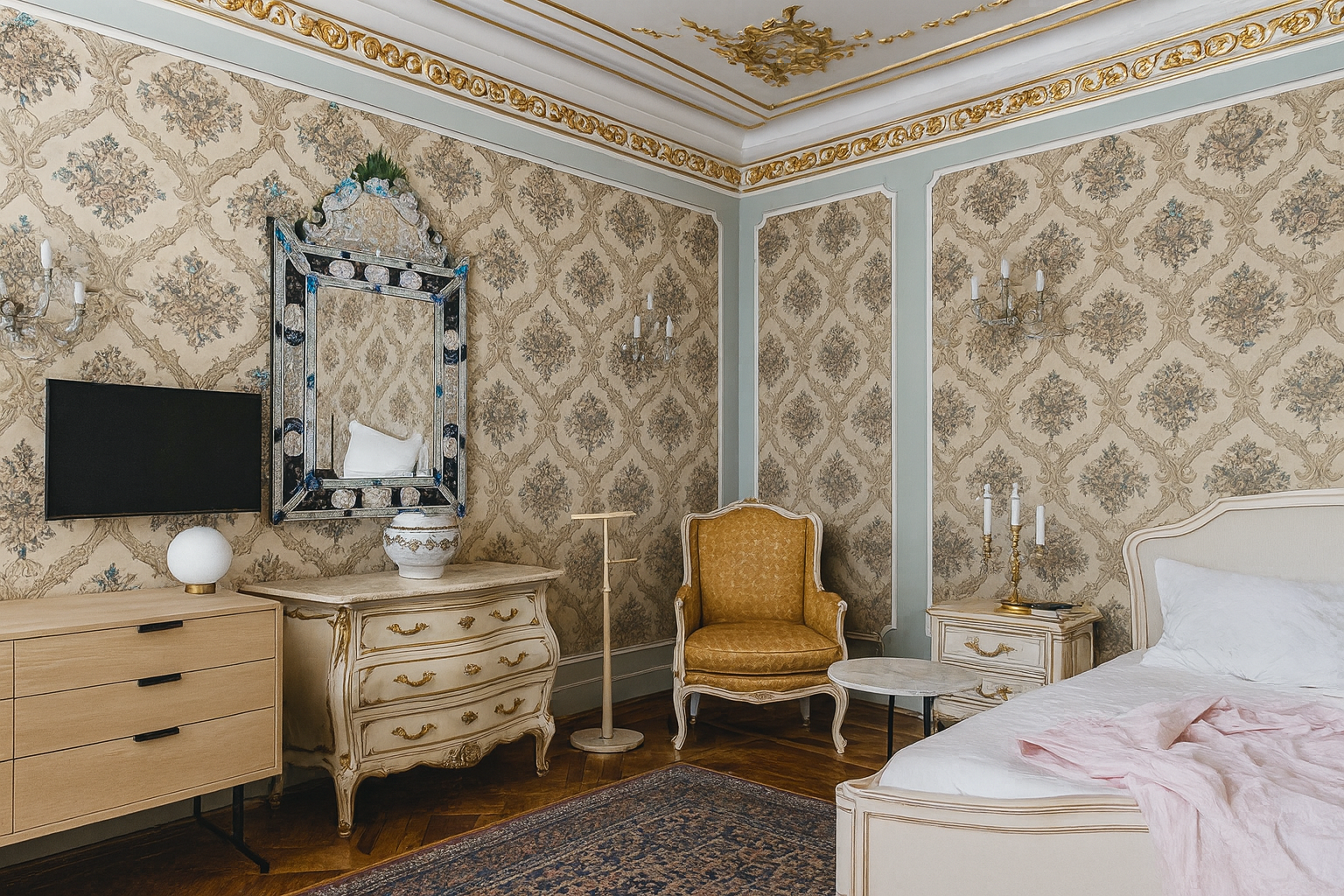 Elegant European bedroom combining Rococo-inspired trim, soft gold upholstery, and a light modern dresser for a timeless look.