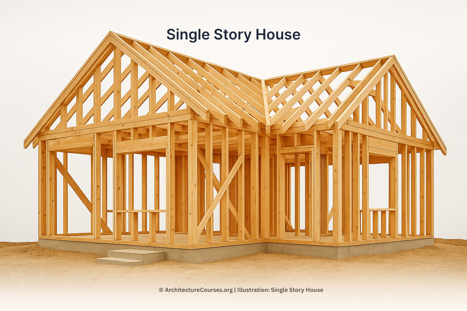 Single-story wood-framed house showing structural framing members, precise joinery, and clear load path alignment.
