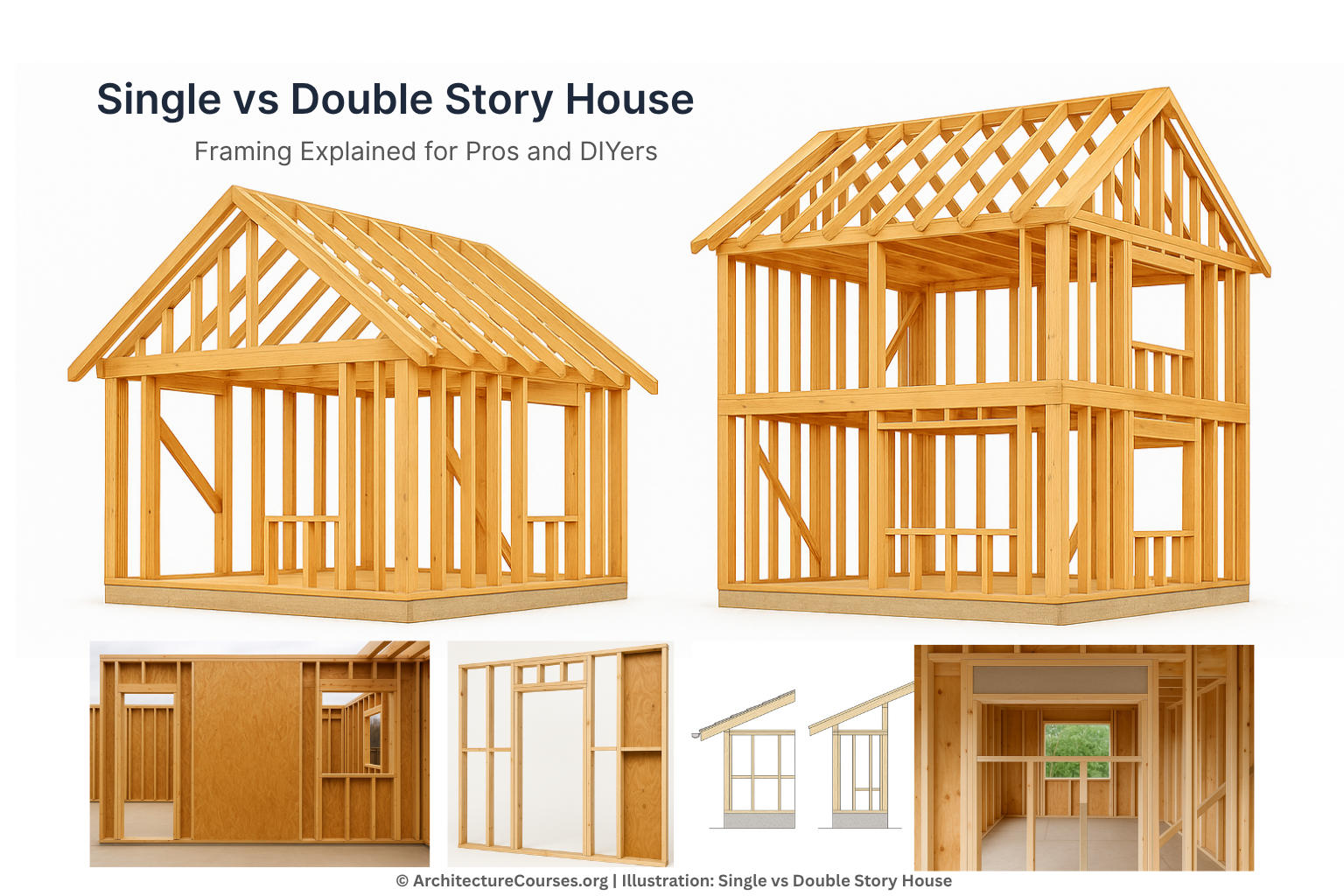Infographic comparing single and double story house framing with labeled wall studs, beams, and roof structures.