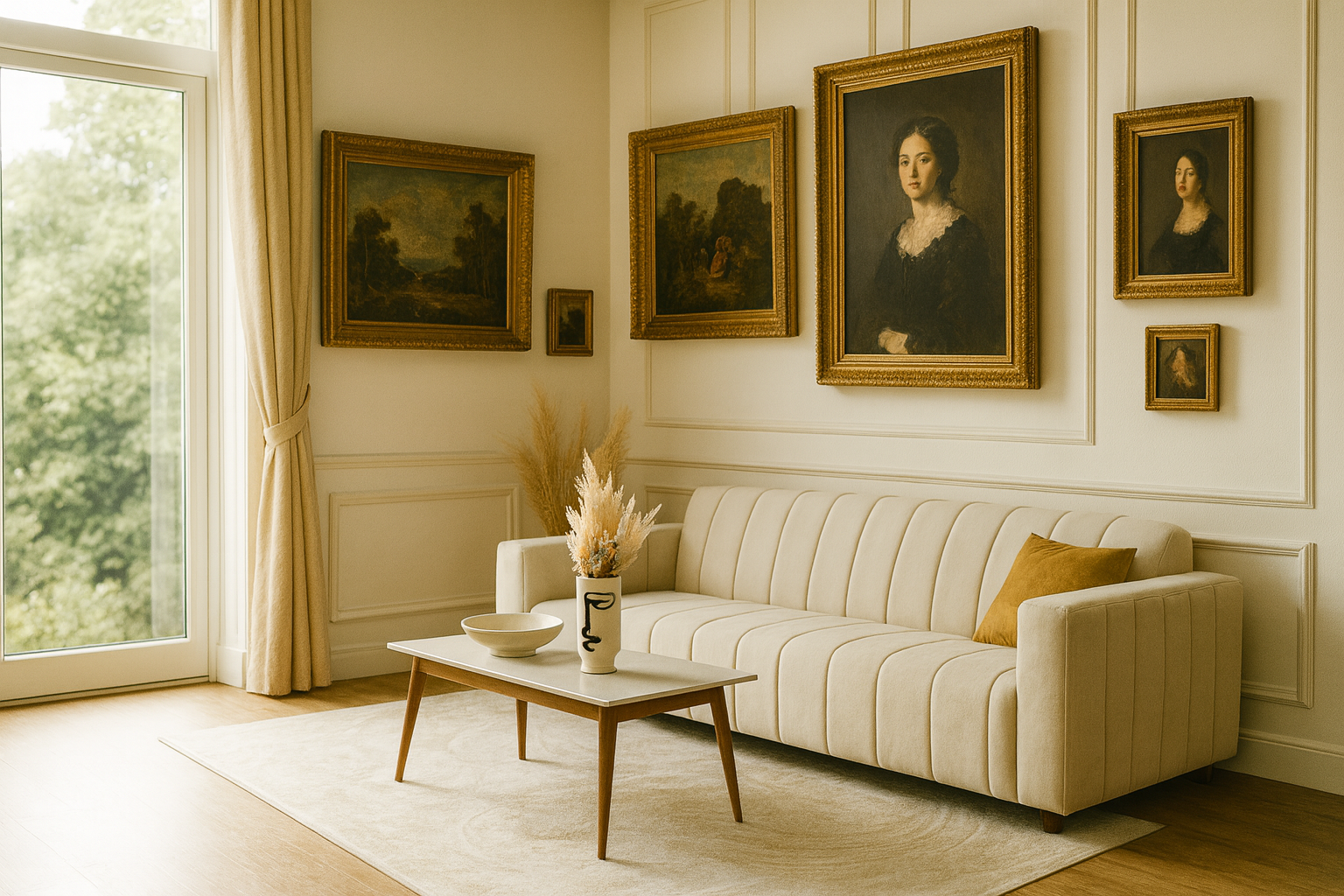 Small bright classical living room with framed art and modern sofa.