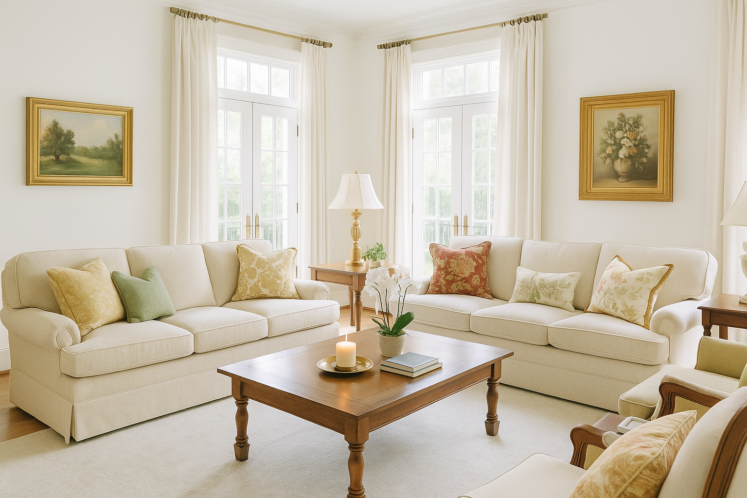 Southern traditional living room with cream furniture and warm wood tones.