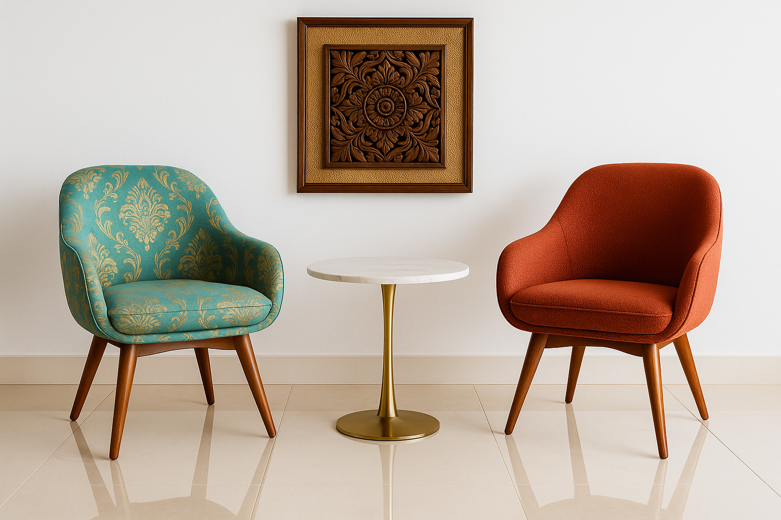 Two elegant chairs in turquoise and rust red beside a marble-top brass table and carved wall art.