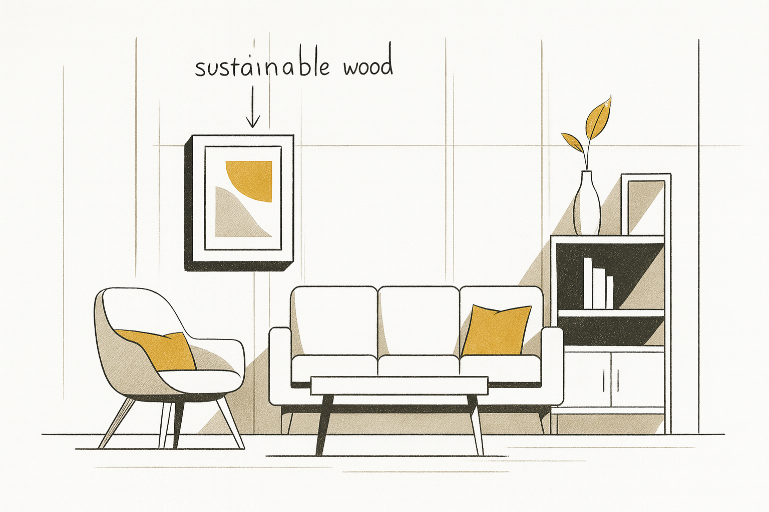 Infographic showing sustainable wood applications in interior design, including furniture, flooring, and paneling.
