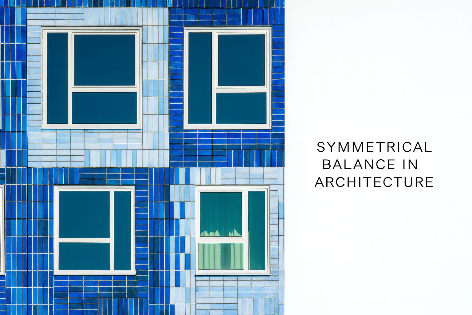 symmetrical blue-tiled building facade with evenly spaced windows showing architectural balance.