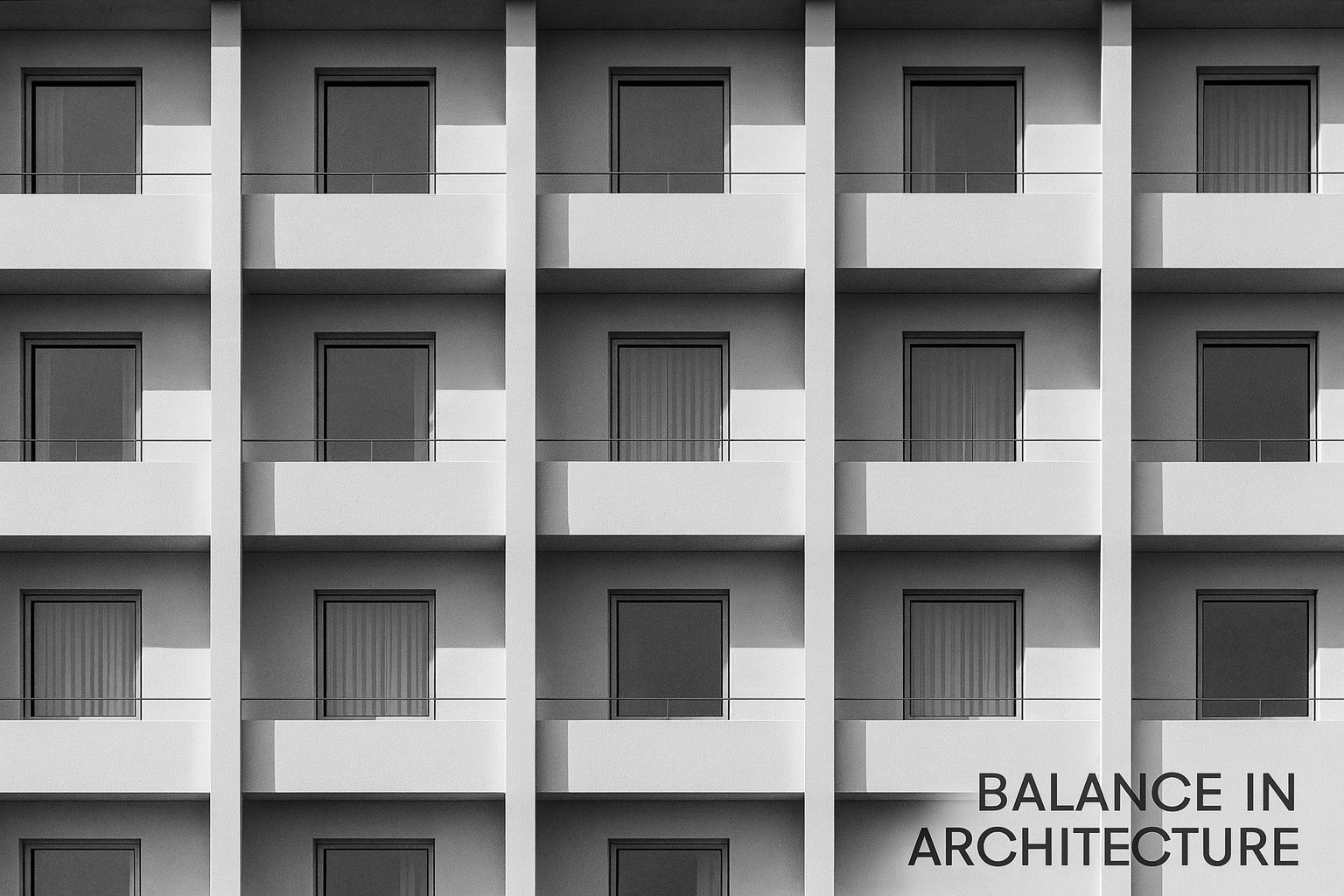 Symmetrical modern building facade showing repeating windows and balconies in monochrome.