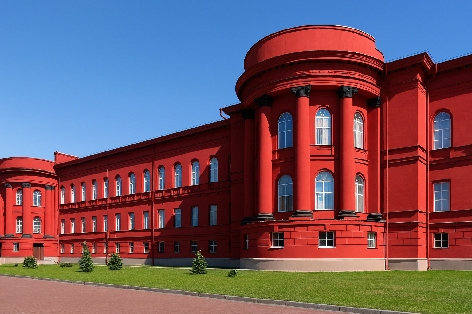 Taras Shevchenko National University in Kyiv featuring its red neoclassical facade.