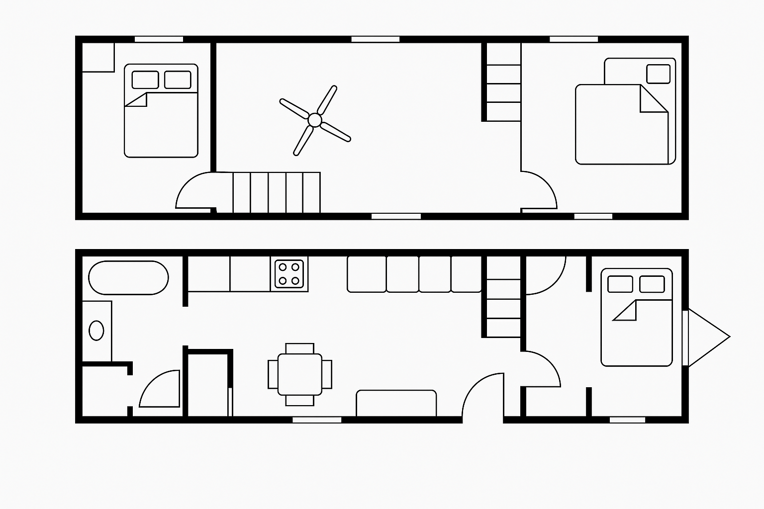Architectural 16:9 floor plan of a 3-bedroom tiny house on wheels showing functional layout with clear structure.
