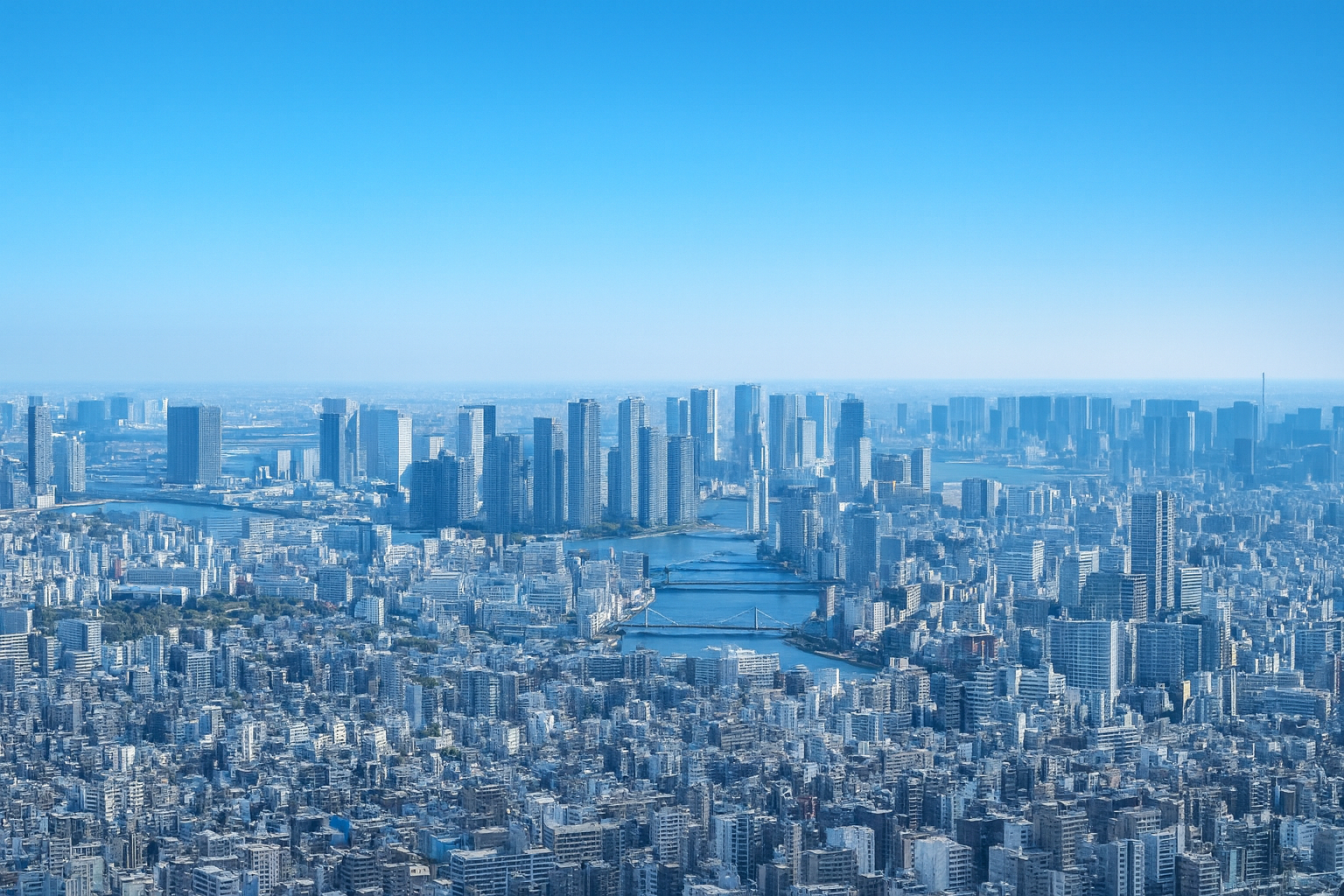 High-resolution enhanced view of Tokyo’s skyline with clear blue sky, bright light, and visible skyscrapers along the river.