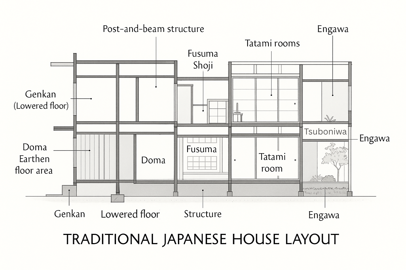 Section drawing of a traditional Japanese house layout showing Genkan, Doma, Tatami rooms, Engawa, and Tsuboniwa with labeled structural elements.