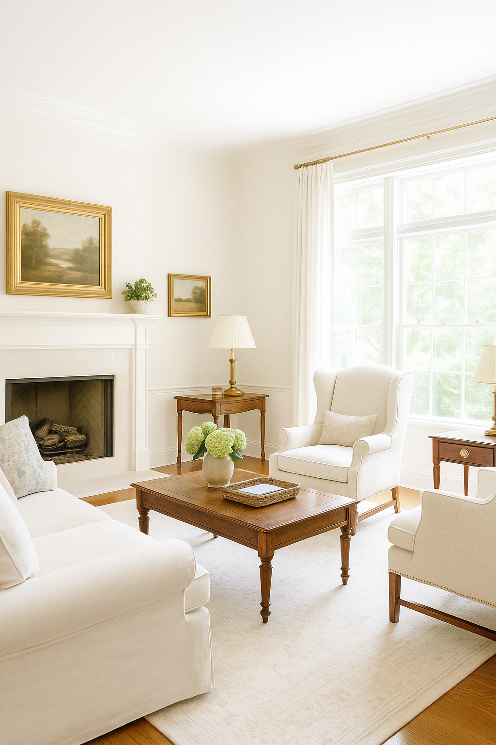 A bright traditional Southern living room filled with natural light, featuring white walls, soft cream tones, classic furniture, and a serene, sunlit atmosphere.